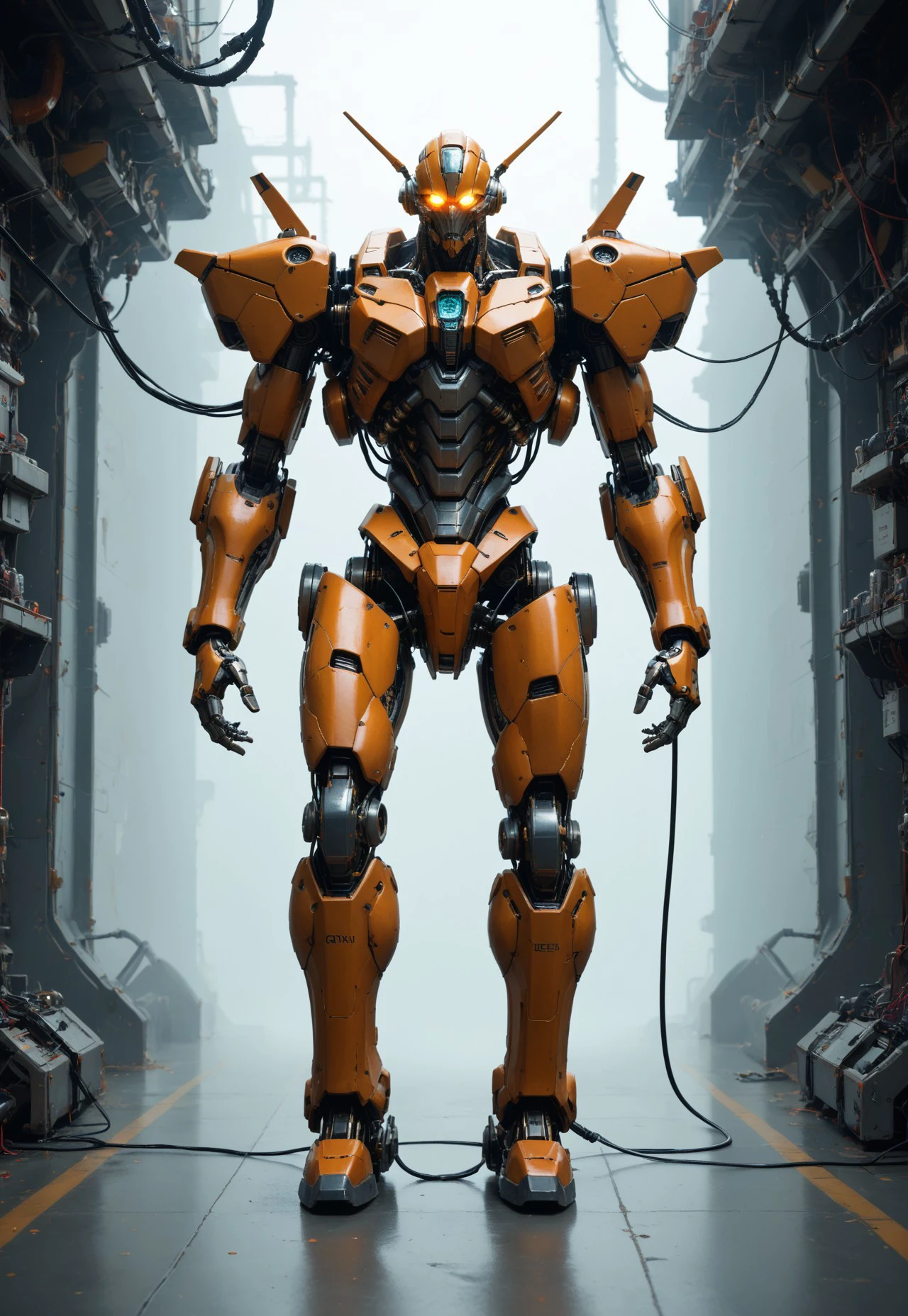 score_9, score_8_up, score_7_up, BREAK, mecha, biomechanical, Mobile Suit, body suit, mechanical parts, complex robot, machinery, wires, joints, cable, one eye, glowing eye, full body, 