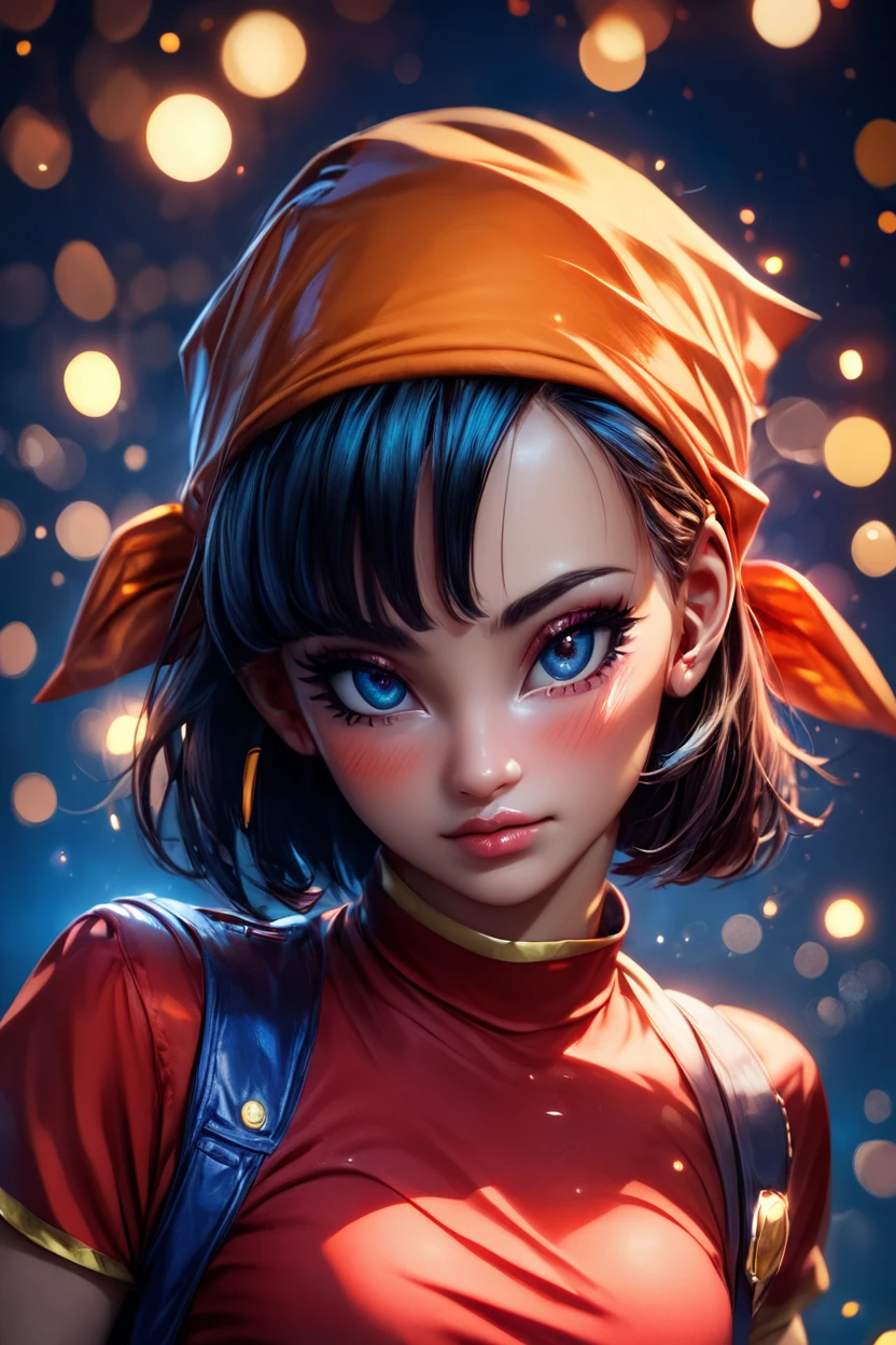 score_9, score_8_up, score_8, medium breasts, (curvy), cute, eyelashes,       BREAK, , zzPan, black hair, short hair, bandana, gloves, fingerless gloves, red shirt, denim pants,  <lora:Pan_Dragonball_PDXL:0.8>, , BREAK,  (ultra realistic,32k, masterpiece:1.2),(high detailed skin:1.1),( high quality:1.1), curvy, head tilt, hearts, blush, lips, closed mouth, curvy, head tilt, shiny clothes, (upper body), looking at viewer, bokeh, luminescent background,  embedding:zPDXL, Expressiveh,  <lora:RlAnmPDXL:1.0>,