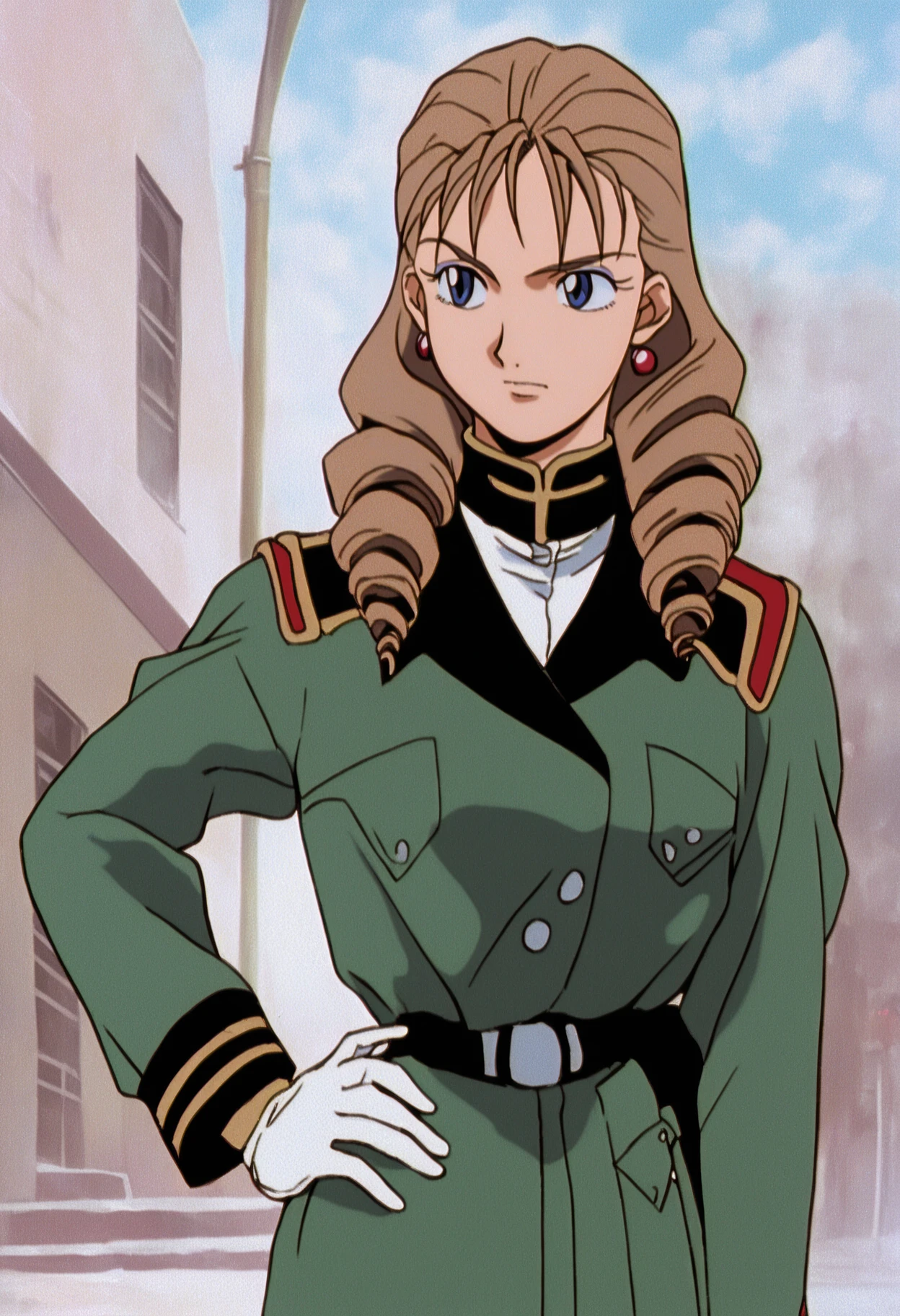 score_9, score_8_up, score_7_up,  sksgw, retro artstyle, BREAK, 
1girl, brown hair, long hair, makeup, drill hair, blue eyes, earrings, gloves, uniform, hand on hip, jewelry, military, military uniform, retro artstyle, sksgw, solo,1990s \(style\), outdoors, street background <lora:GundamWingXLLocon_byKonan:1>