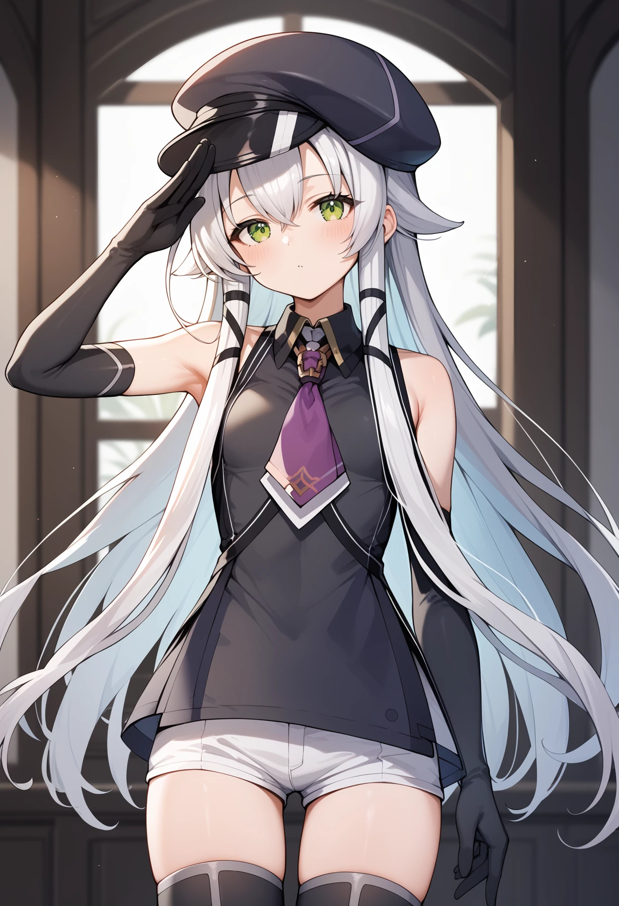 score_9, score_8_up, score_7_up, score_6_up, score_5_up, score_4_up, source_anime, bbaltina, long hair, white hair, hair flaps, cabbie hat, black headwear, sidelocks, tress ribbon, green eyes, small breasts, purple necktie, sleeveless shirt, black shirt, elbow gloves, black gloves, short shorts, white shorts, black thighhighs, <lora:altina_orion_ponyxl_v1:0.9>, indoors, salute, standing, cowboy shot,