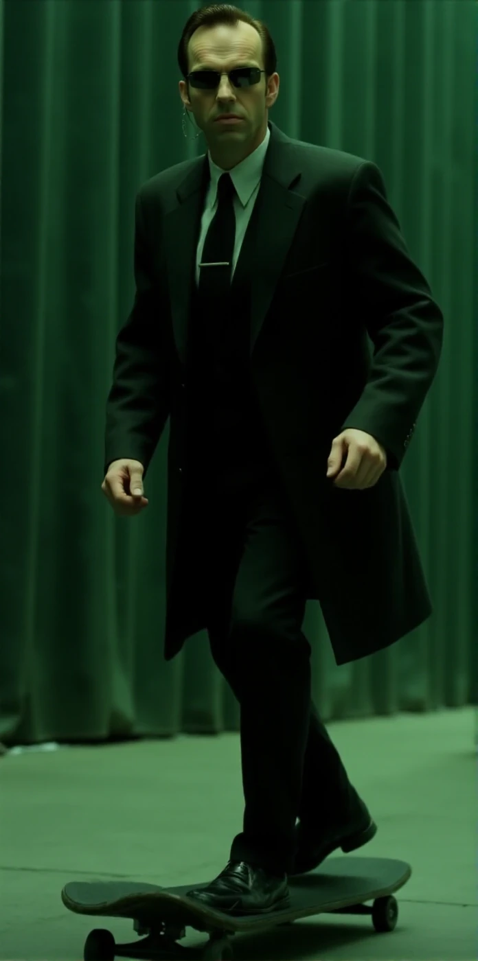 Smith wears a black suit and sunglasses and an earpiece. He is skateboarding in the matrix <lora:Smith:0.9>