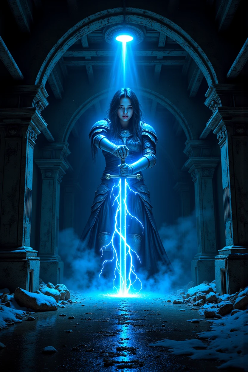 An atmospheric and powerful dark fantasy image, classical style painting of a beautiful female warlord dressed in intricate dark armor. Her dirty black hair falls over her face. She holds a powerful demonic sword of dark steel. The sword glows red. She levitates a bit and is tied by blue lightning magical power. Cinematic shot in a snowy mountainous region., b1ue  <lora:FLUX_b1ue-000003:1>