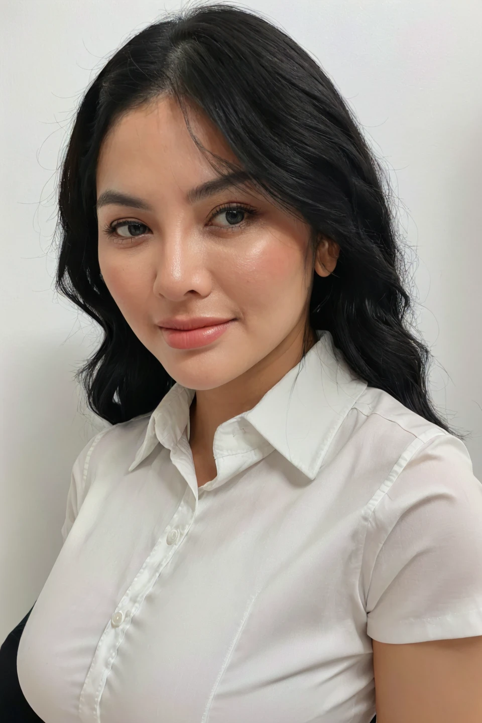 photo of 30 years old woman with big boobs, (simple background , white background), (looking at viewer, eye contact. beautiful eyes), (white collared shirt , office lady, uniform), from above, (masterpiece, best quality, incredible detail, perfect lighting, ultra high skin detail:1.2), perfect face ,((upper body shot:1.4)), <lora:nikitamirzani_C1:0.7> <lora:alya_AB1:0.25>