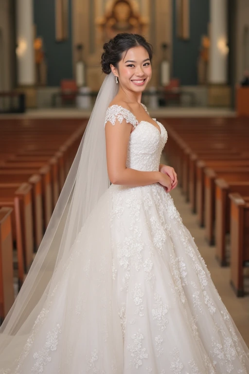 akanemsko, an asian akanemsko 1girl, intricate luxurious white wedding dress, in a beautiful church, smiling at the viewer, <lora:AkaNemsko_Flux:0.8>