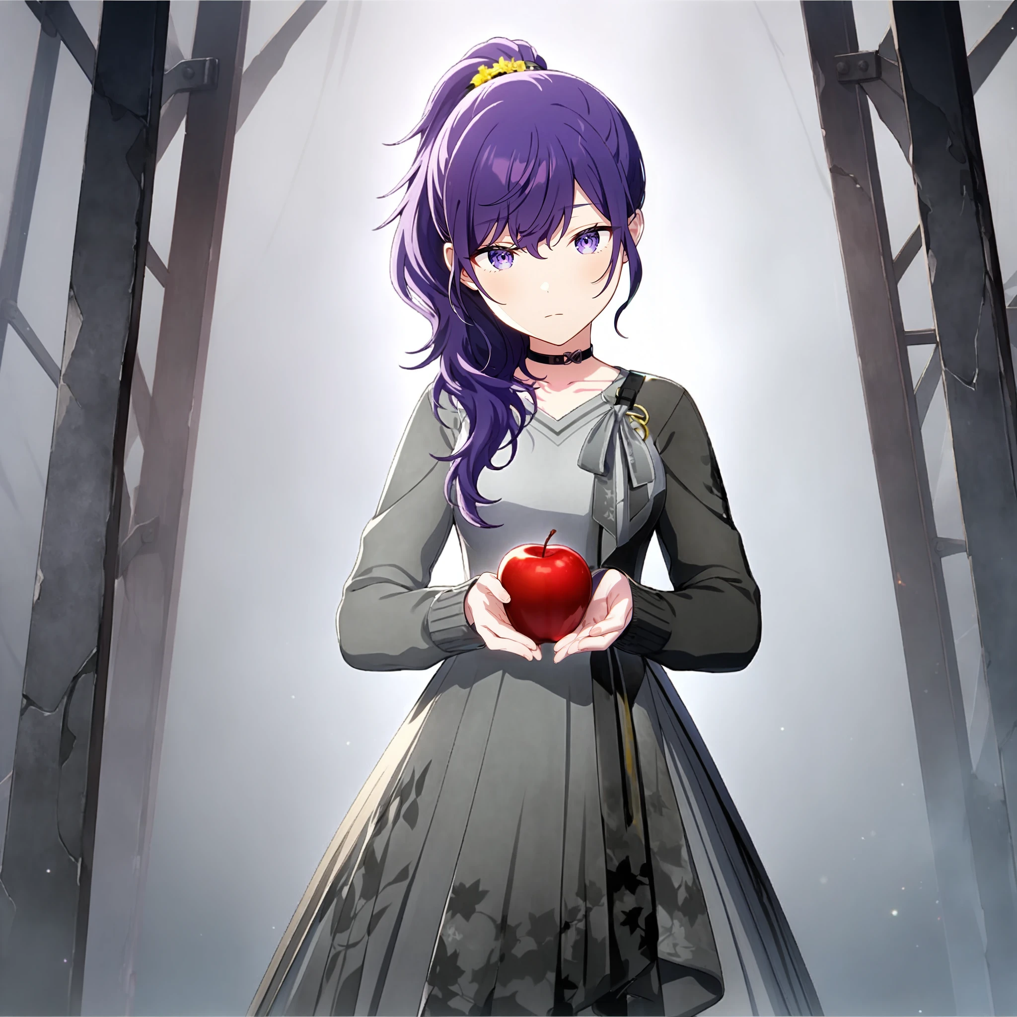 1girl, asahina mafuyu, project sekai, masterpiece, very aesthetic, absurdres, official art, recent,
brandnew mafuyu, purple hair, long hair, high ponytail, purple eyes, hair over shoulder,
(looking at viewer:1.4), expressionless, standing, holding red apple with both hands, BREAK
grey dress, long sleeves, black choker, sleeves past wrists, see-through, lace-trimmed dress, BREAK
(steel frame:1.4), mist, grey background, blurry background,
<lora:sdxl-25-BNMafuyu03:0.8:lbw=XL-Clear>