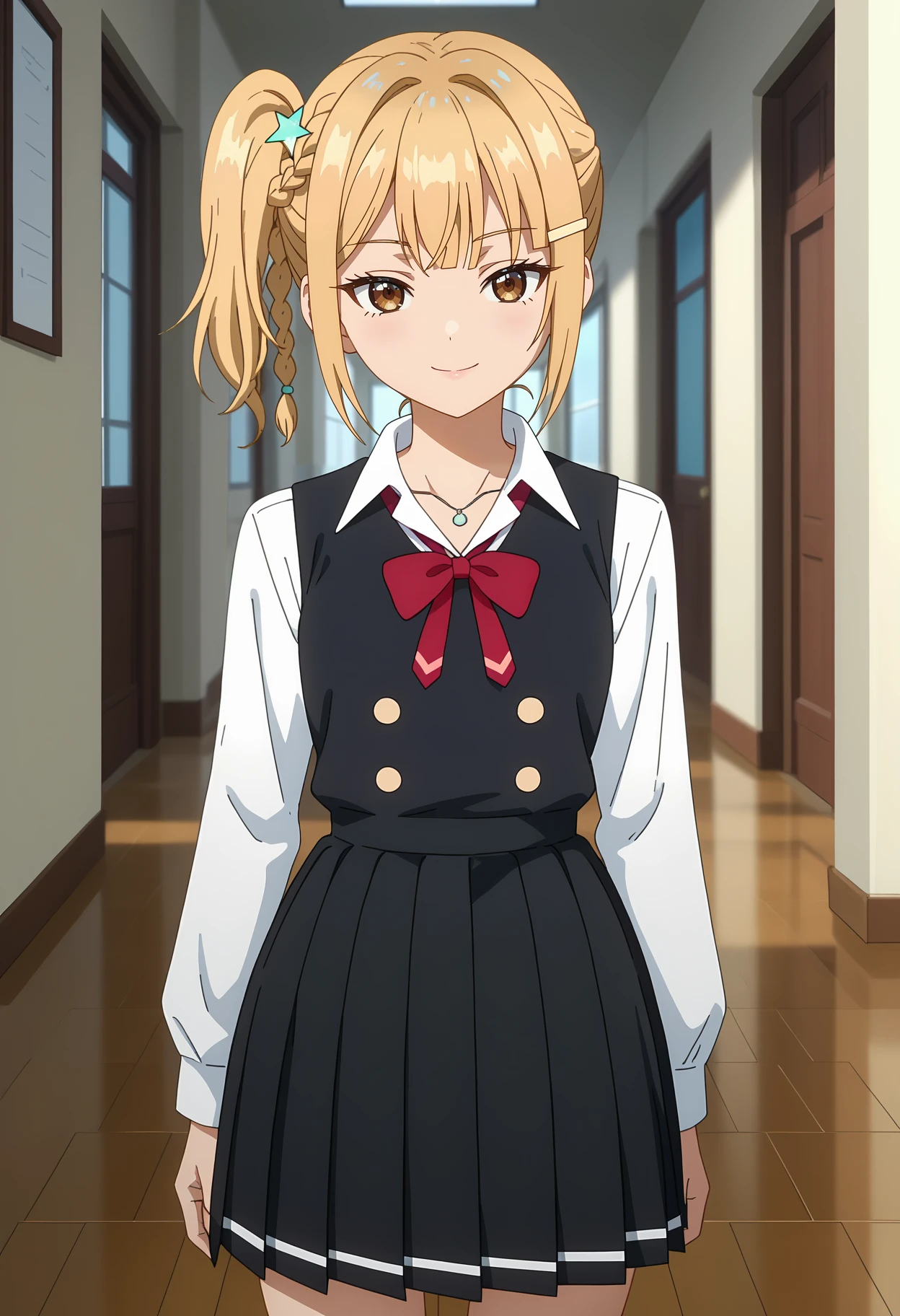 score_7_up, anime screencap, anime coloring,
<lora:Roshidere_MiyamaeNonoaXL:0.8>, MiyamaeNonoa,
1girl, solo, closed mouth, light smile,
long hair, blonde hair, side ponytail, side braid, brown eyes, hairclip, star hair ornament,
pinafore dress, black dress, buttons, red bowtie, collarbone, necklace, white shirt, long sleeves, pleated skirt, black skirt, kneehighs, white socks,
arms at sides, thigh gap, standing, looking at viewer, cowboy shot,
blurry background, indoors, hallway, school