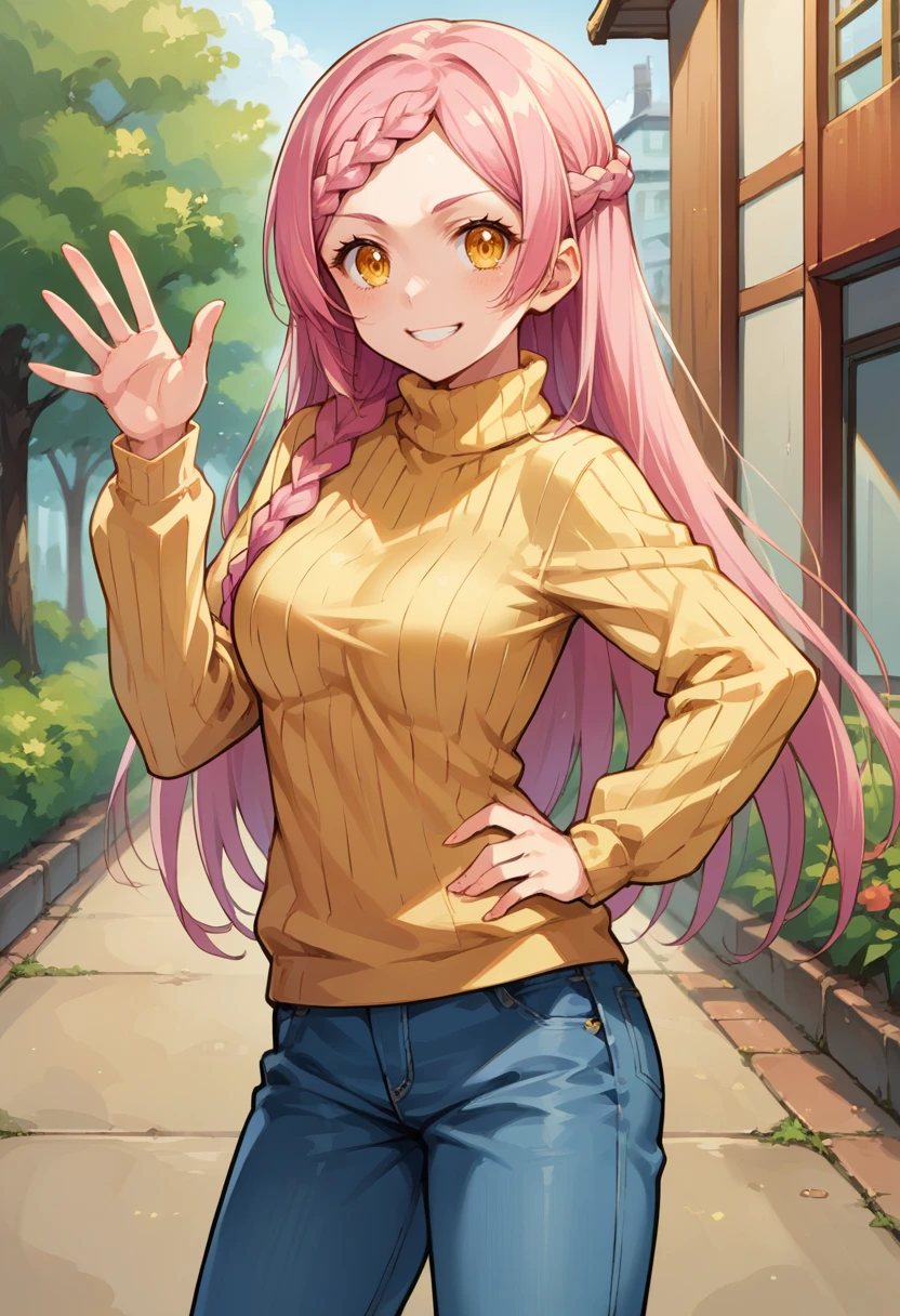 score_9, score_8_up, source_anime, 1girl, solo, KochouYoshida, yellow eyes, pink hair, long hair, braid, outdoors, sweater, ribbed sweater, jeans, hand on hip, waving at viewer, smile, <lora:ChamKochouYoshidaPonyXL:1>