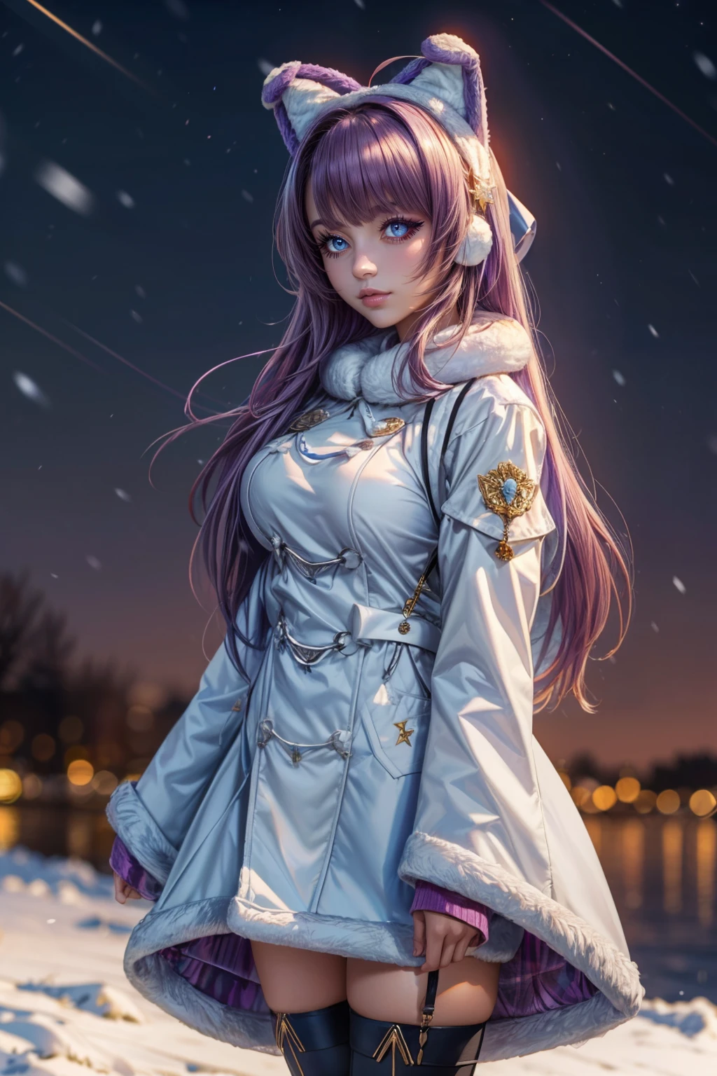 (ultra realistic,32k, masterpiece:1.2),(high detailed skin:1.1),( high quality:1.1), <lora:IllyasvielVonEinzbern_v1:0.7>, zzIllya, looking at viewer, night, outdoors, snowing, sky, BREAK,   <lora:Tashkent_Azurlane:0.8>, zzTashkent, long hair, purple hair, blue eyes, very long hair, bangs, animal ears, ribbon, hair ribbon, fake animal ears, hair ornament, dress, long sleeves, white coat, sleeves past fingers, white background, white thighhighs, winter clothes, brown sweater, ahoge, fur-trimmed sleeves,   BREAK,  blooming stars, luminescent petals, otherworldly fragrance blurry background, (looking at viewer, standing:1.1), huge breast, large breast, <lora:add_detail:0.92>, (glowwave:1.1),