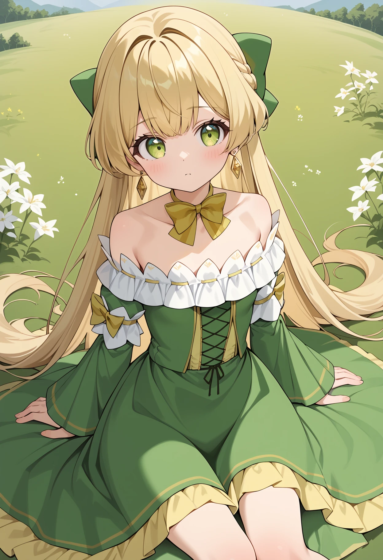 score_9, score_8_up, score_7_up, score_6_up, score_5_up, score_4_up, source_anime, aatelestia, long hair, blonde hair, hair bow, earrings, green eyes, small breasts, collarbone, bare shoulders, yellow bowtie, strapless, green dress, long sleeves, green sleeves, <lora:telestia_terra_esfort_ponyxl_v1:0.9>, field, flower, sitting, on floor,