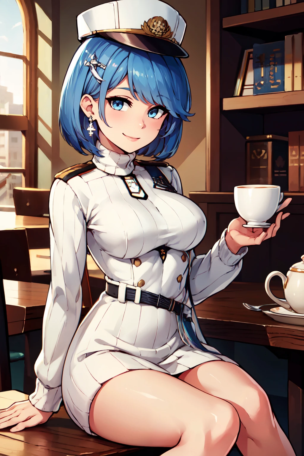 ((masterpiece,best quality)), absurdres,  BREAK, , <lora:Chapayev_Azurlane:0.8>, zzChapayev, blue hair, short hair, blue eyes, bangs, hair ornament, hat, white headwear, military hat, peaked cap, hairclip, , BREAK, turtleneck sweater, earrings, library, cup of coffee, sitting at table, BREAK, solo, smile, looking at viewer, cowboy shot,