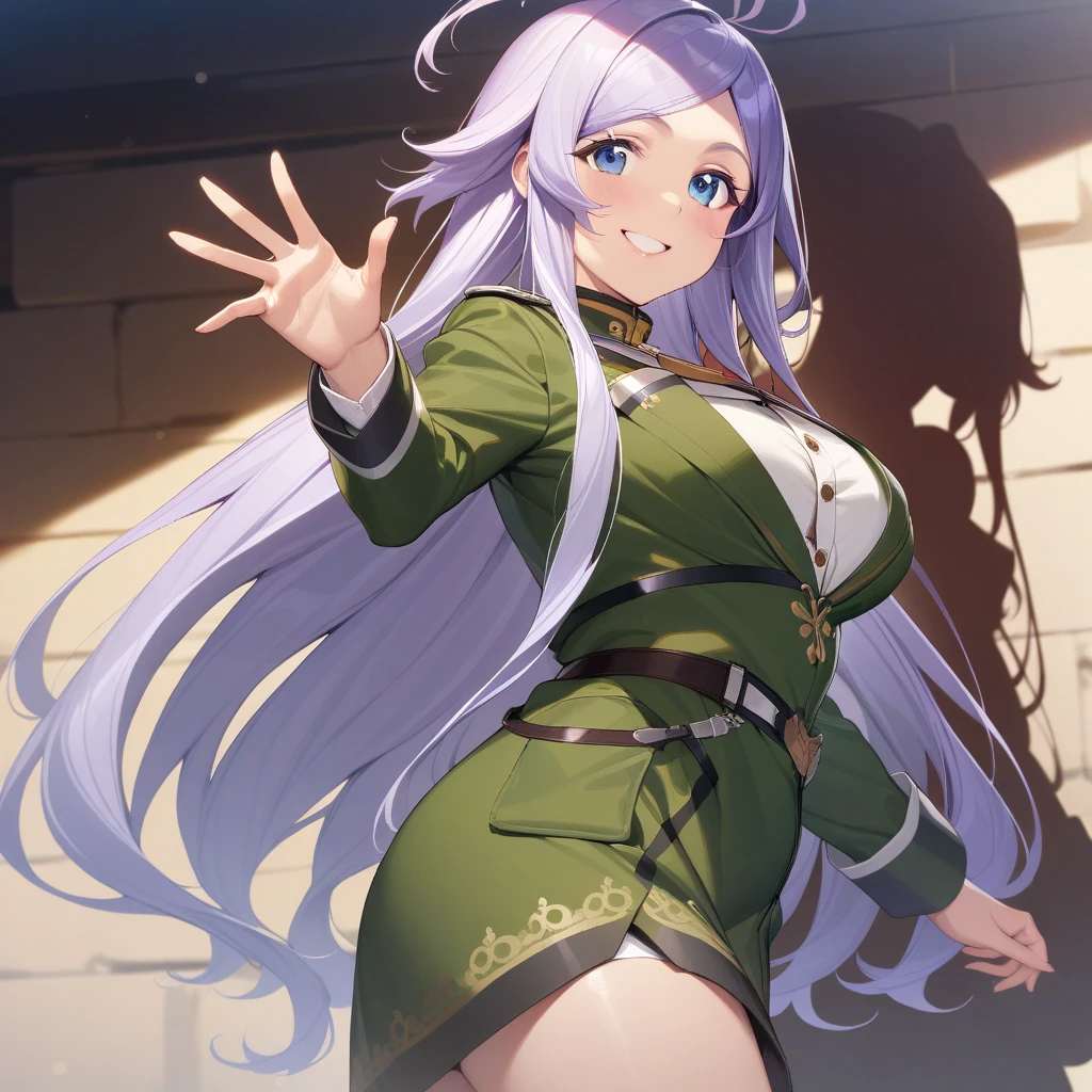 anju_emma, purple hair, long hair, blue eyes, large breasts, military uniform, green outfit, cowboy shot, smile, looking at viewer, <lora:XL-AnjuEmma:1>, (masterpiece),(best quality),(ultra-detailed),(best illustration),(best shadow),(absurdres),(detailed background),(very aesthetic),