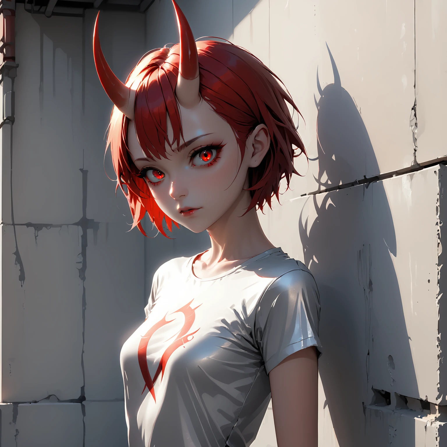 <lora:TzigoOniHornsXL:0.7>, 1 beautiful girl with TzigoOniHorns, details red eyes, short red hair, cool pose, concrete wall, slim body, small breasts, silver t-shirt, rays of sunshine, cinematic,