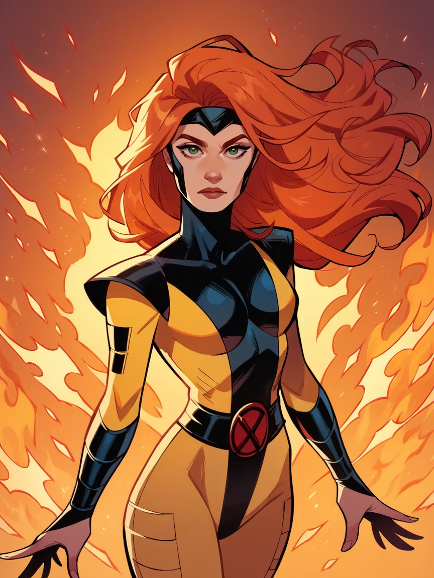 score_9, score_8_up, score_7_up, score_6_up, score_5_up,   <lora:JeanGreyXLP:1> jean grey, 1girl, long hair, orange hair, yellow bodysuit, fire, looking at viewer, green eyes, floating hair