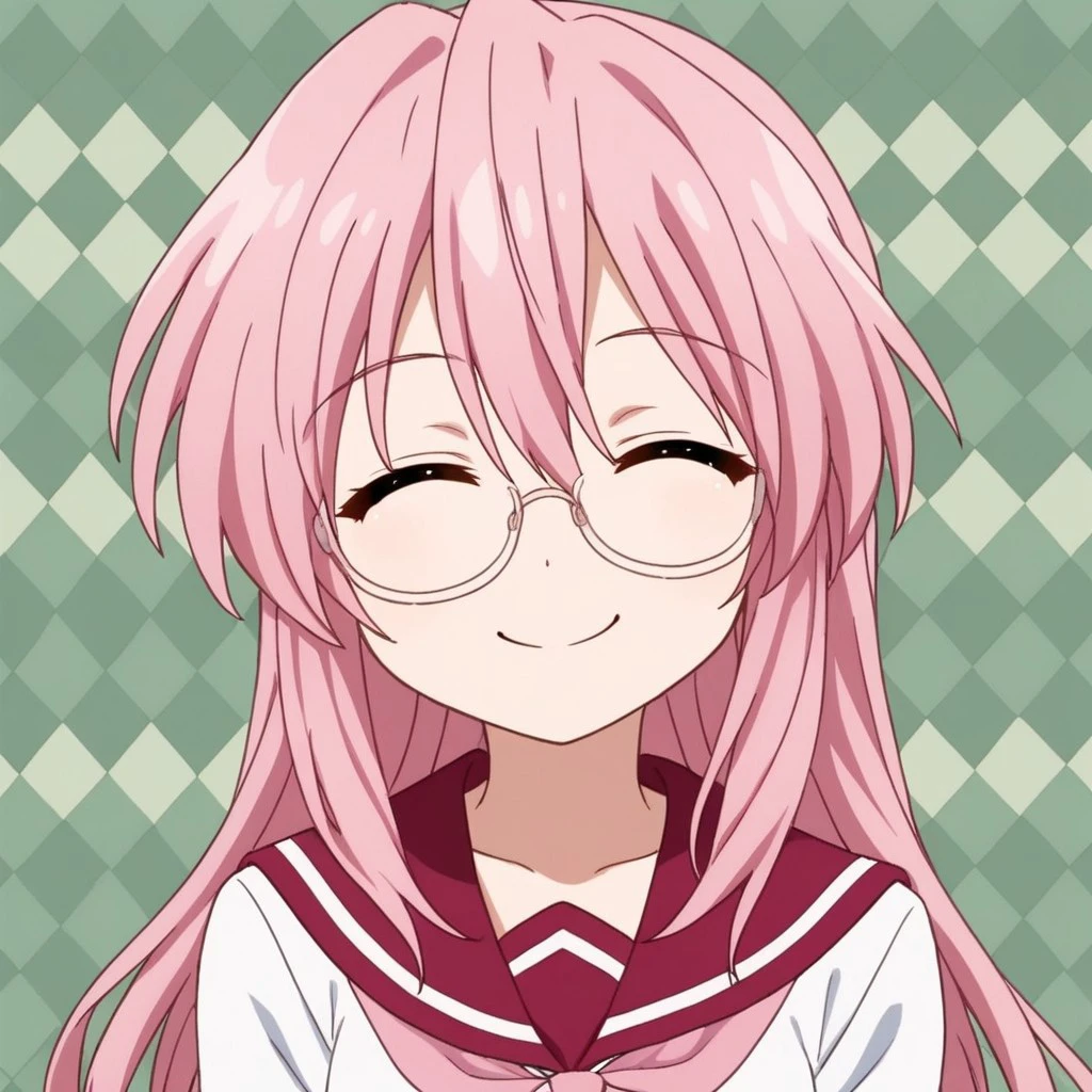 (M1yuk1_T4kara), face focus, long pink hair, glasses, smiling, eyes open, uniform, sailor collar, pink neckerchief, rating_safe, (green checkerboard background pattern)