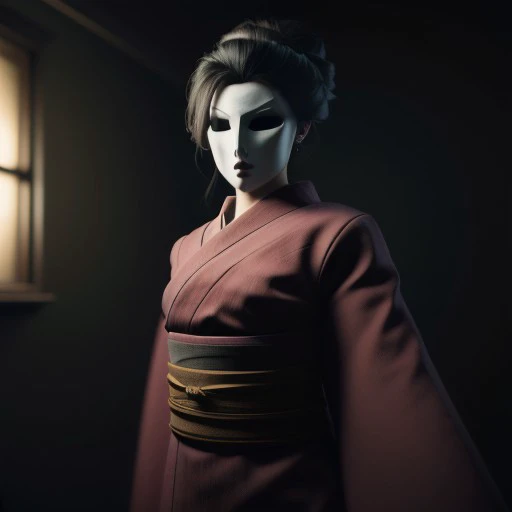 high res, good quality, accurate face, ((high resolution:1.2), (hi-res:1.2), masterpiece, best quality),  easynegative, ng_deepnegative_v1_75t, bad-picture-chill-75v, The Lady, video game character, Little Nightmares, Red kimono , porcelain mask , Taller woman, in a dark room, black Mist, dark aura,