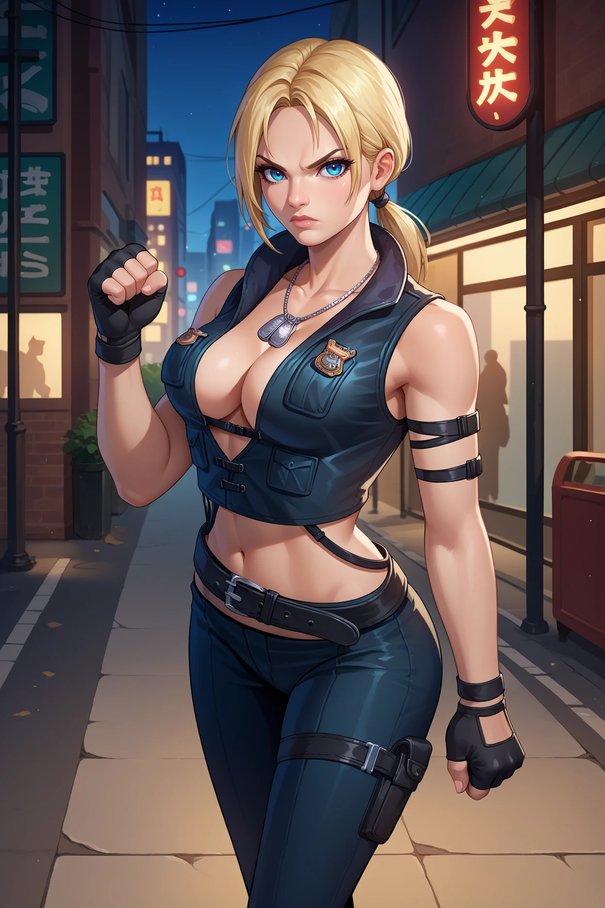 score_9, score_8_up, score_7_up, score_6_up, source_anime, 1girl, solo <lora:sonyablade-pdxl-nvwls-v1-000005:1> m9sb, blonde hair, low ponytail, blue eyes, dog tags, cleavage, black vest, sleeveless, midriff, black belt, black pants, thigh strap, fingerless gloves, black gloves, fit, large breasts, looking at you, clenched hand, serious, city street, night, looking at you, full body, lace-up boots