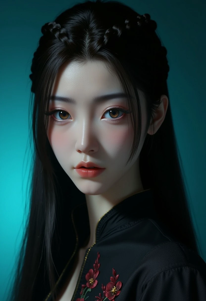 yuanyao:1.3,a stunning real medium breasts woman with long, flowing dark hair, her piercing gaze directly addressing the viewer.  4k, high quality, (best quality:1.1), realistic, photorealistic, close-up, upper body, (ultra HD quality details), High Fashion, A highly detailed, realistic digital photo of a woman 28yo with a pale complexion, emphasizing her enigmatic and mystical aura,, high resolution, rich textures, and contemplative mood. Her eyes are a deep piercing and  brown, dynamic, dramatic, haute couture, elegant, ornate clothing, dark straight hair in an elegant updo with a few loose strands framing her face, wearing a high-collared garment with floral patterns in a dark, against a cyan gradient background, , face focus,