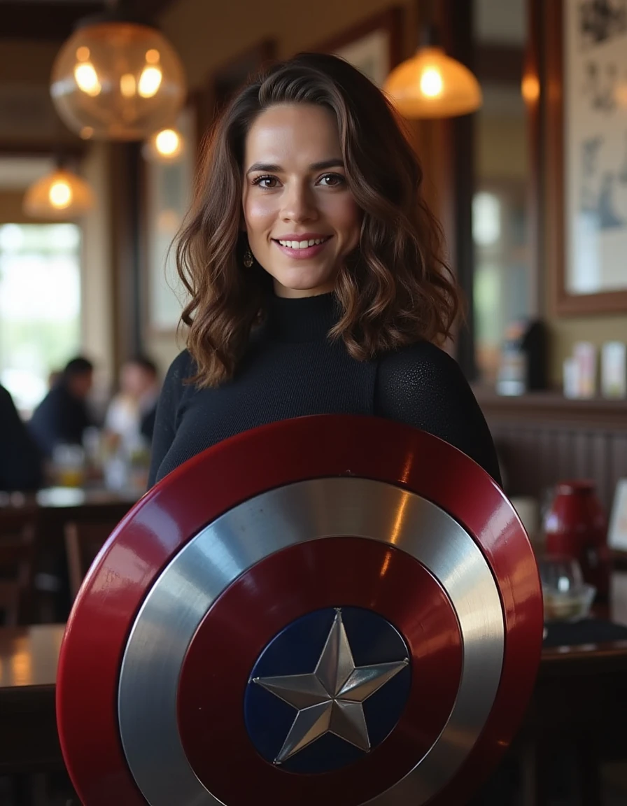 <lora:Hayley_Atwell_Flux:1> wavy brown hair, wearing a turtle neck dress standing in a cafe, holding captain America's shield in front of her, looking at the viewer smiling