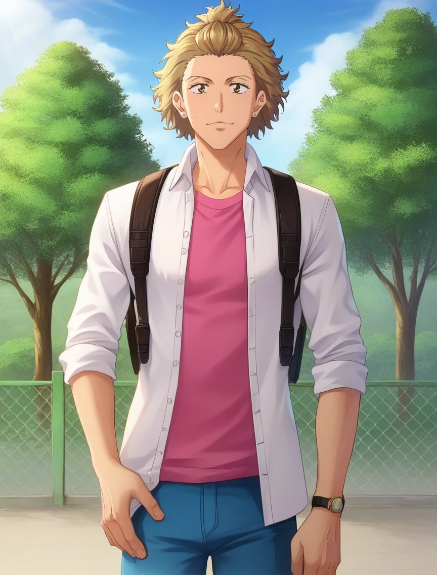 <lora:re_mainV2:1>,zPDXL2,rating_safe,jou joujima,solo,tree,male focus,1boy,outdoors,shirt,bag,day,pink shirt,backpack,open clothes BREAK fence,looking at viewer,sky,pants,white collared shirt,