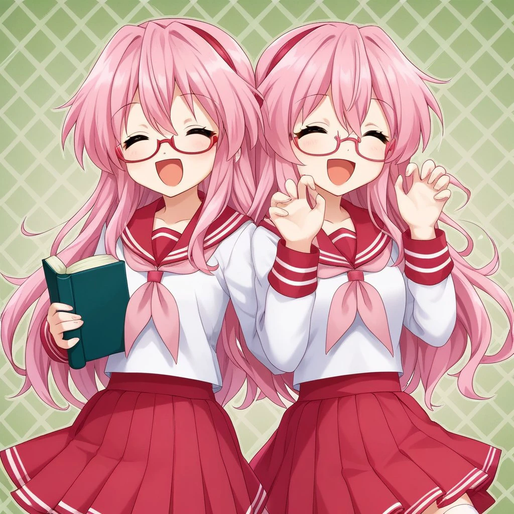 (M1yuk1_T4kara), long pink hair, glasses, happy expression, kawaii pose, holding open book, eyes open, uniform, sailor collar, red skirt, pink neckerchief, white thighhighs, rating_safe, (green checkerboard background pattern)