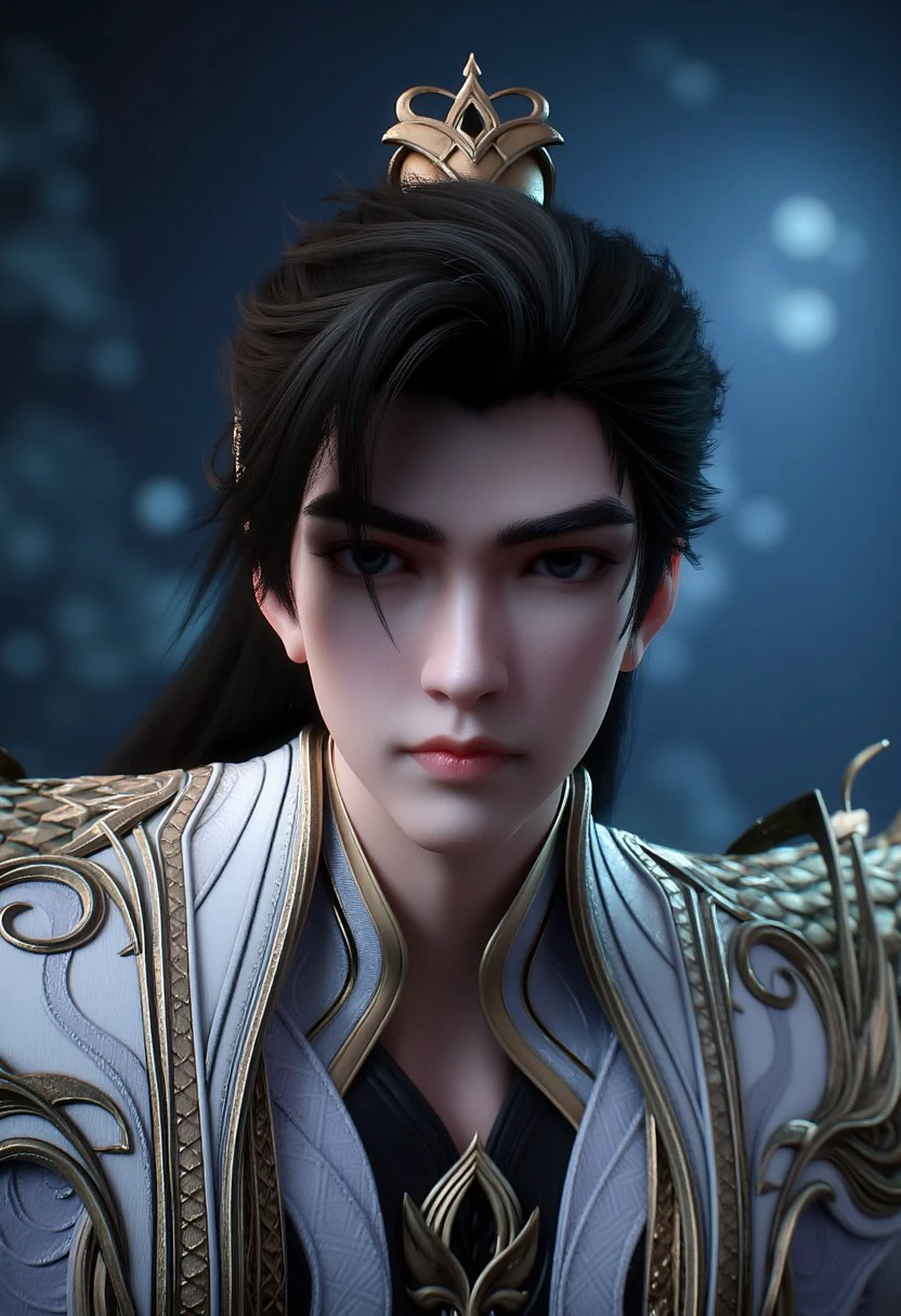 This is a highly detailed CGI rendering of a young Asian man in a high-fashion pose, medium shot. He is dressed in elaborate, ornate armor that exudes a medieval fantasy style. The armor is predominantly white with gold accents, featuring intricate designs and patterns, including a prominent, ornate shoulder guard on the right side. The man's facial expression is intense and focused, with sharp, angular features, and he has a determined, almost warrior-like look. His long, black hair is tied back in a high ponytail. The background is dimly lit, with a cold, blue glow suggesting a blue fire nearby. The ground is blurred, suggesting a focus on the man in the foreground. The texture of the armor appears smooth and metallic, contrasting with the rough, rugged background. The overall style of the image is realistic 3D anime with a slight emphasis on fantasy elements, capturing the essence of a highly skilled warrior. The lighting enhances the dramatic effect, casting shadows and highlights that add depth and realism to the scene.
 This painting combines elements of fantasy and realism in a highly polished, high-resolution digital full shot format.