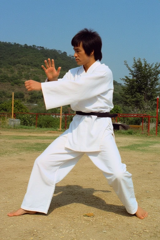 shaolinabbot_brucelee, a chinese shaolinabbot_brucelee man, brucelee, 1boy, male focus, ((solo)), black hair, dressed in traditional white Chinese martial arts attire, barefoot, outdoors, martial arts arena, grass, trees, sky, martial arts pose <lora:ShoalinAbbot_BruceLee_ETD_Flux:1>