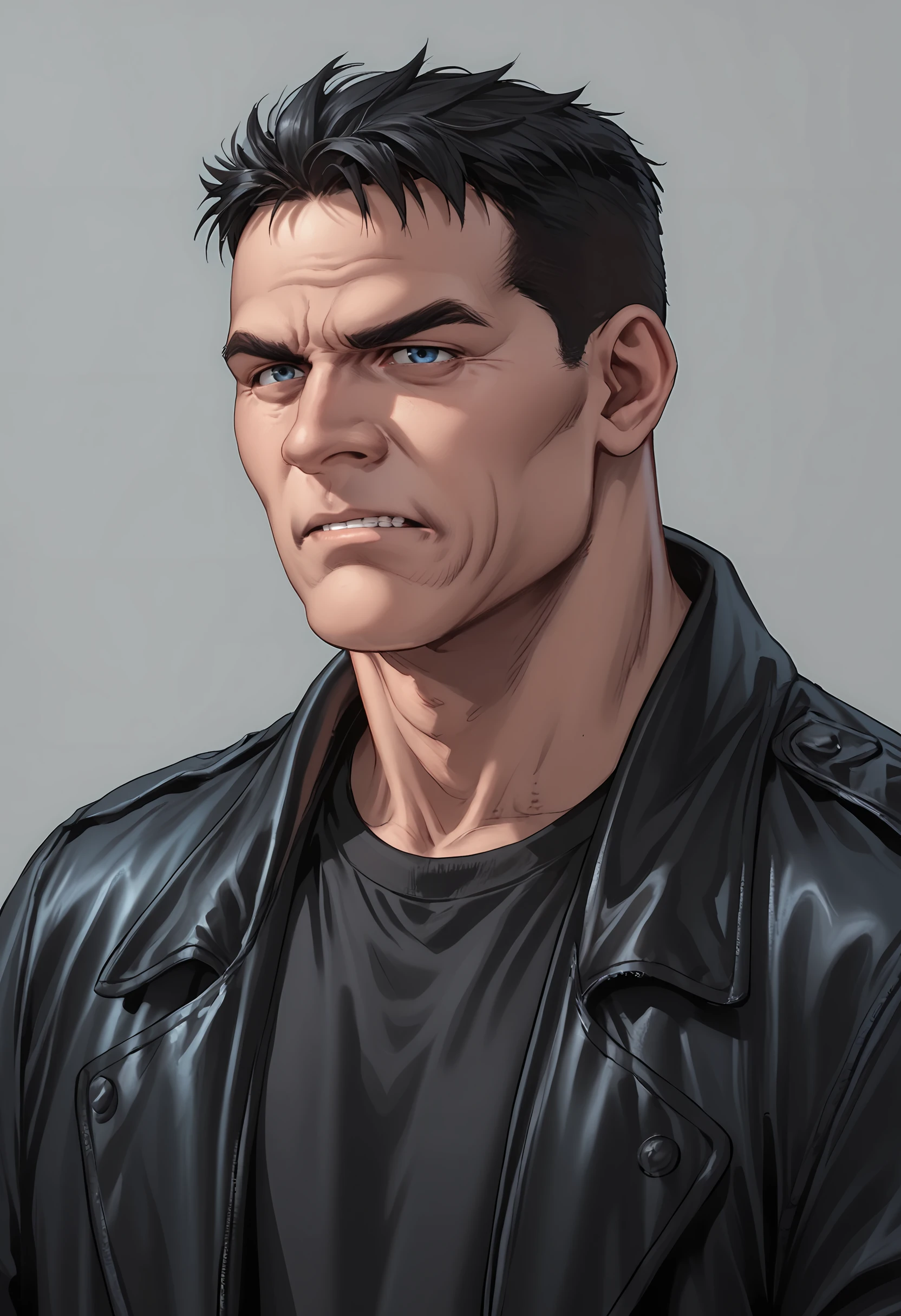 score_9, score_8_up, score_7_up, score_6_up, score_5_up, score_4_up, 1boy, <lora:BillyButcherComicsP:0.85>  male focus, black hair, short hair, blue eyes, jacket, shirt, black shirt, leather jacket, coat, angry, manly, square jaw, muscular, 
simple background,