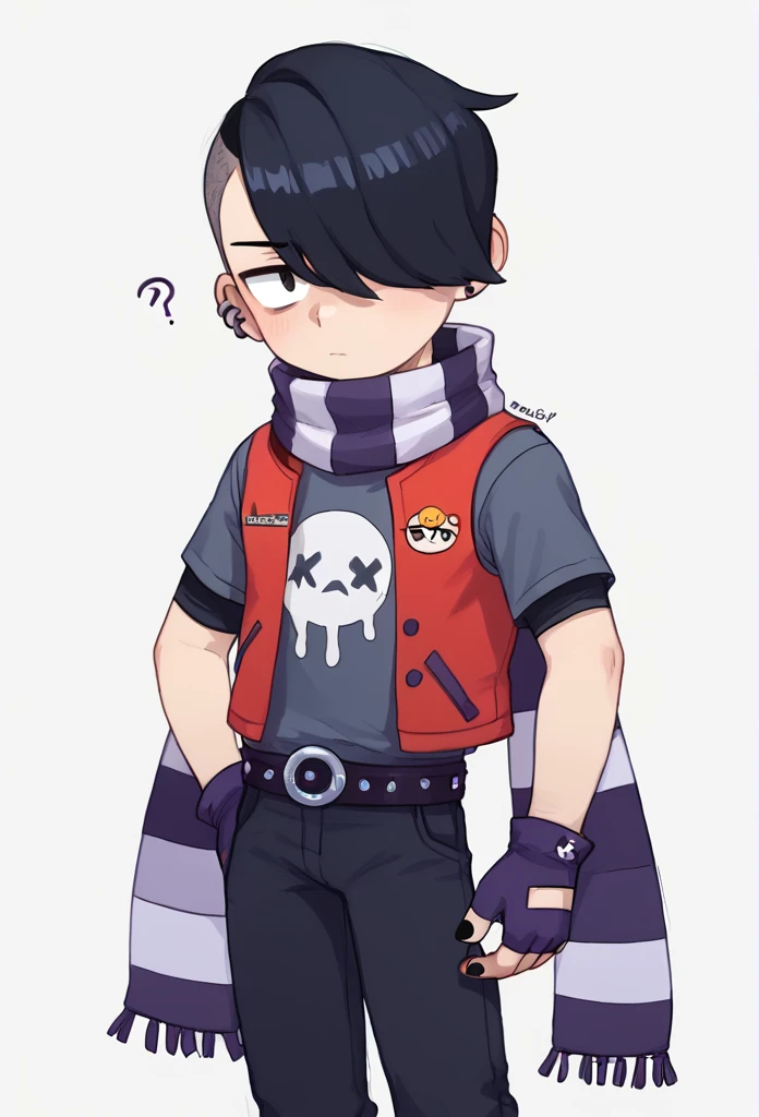 score_9, score_8_up, score_7_up, BREAK,  <lora:bsedgar:1>bsedgar    , 1boy , red vest , short hair , black hair, hair over one eye, ear piercing, solo,striped scarf  grey shirt,  short sleeves, belt , black pants ,black gloves,  looking at viewer,   fingerless gloves, black nails,  <lora:PossumMachine:1>posmach   ,confused,