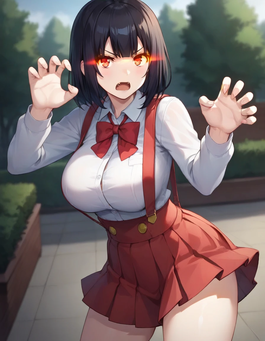 score_9,score_8_up,score_7_up,score_6_up BREAK official art,solo,outdoors,cowboy shot,looking at viewer,facing viewer,angry,frown,pale skin,Hiraki Hanako,short hair,black hair,bangs,glowing eyes,red eyes,open mouth,fangs,school uniform,collared shirt,white shirt,long sleeves,claw pose,large breasts,high-waist skirt,suspenders,red skirt,thick thighs,white socks,loafers,<lora:Hiraki Hanako(th vs se)-Pony:1.3>,<lora:Smooth Anime Style LoRA XL:0.8>,