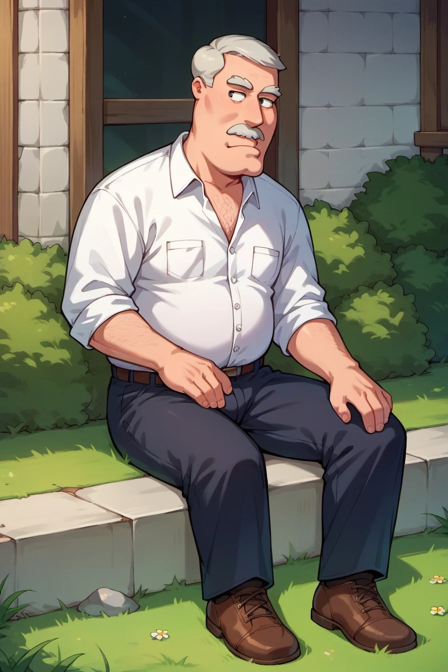 score_9, score_8_up, score_7_up, socre_cartoon,1boy,solo old, old man,carter,white shirt,black pants,moustache,sitting on grass,outdoor