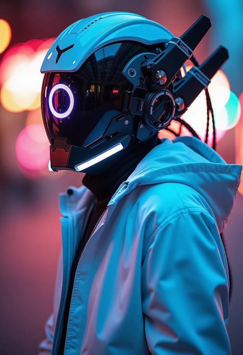 cyberpunk helmet techwear,white jacket,glowing background