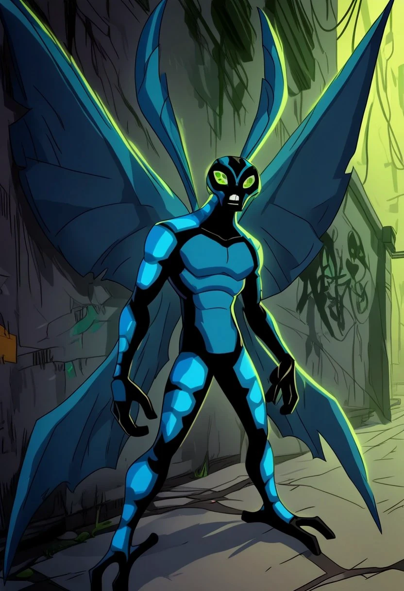 (Solo), 1boy, Alien, Big Chill, Green eyes, blue scales, black skin, three fingers, wings, athletic physique, posing, full body, standing straight, stand in dark alley,