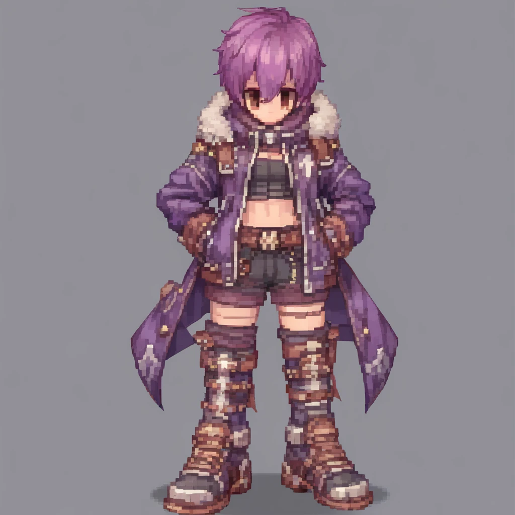 boots, purple hair, gloves, brown hair, jacket, 1boy, shorts, breastplate, open jacket, gauntlets, short hair