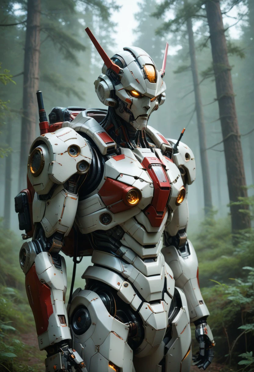 score_9, score_8_up, score_7_up, score_6_up, 1girl, in the forest, futuristic Mecha, bulky body armour, full power armour, large backpack, red accessories, professional illustration, extreme detail, angular brush, iridescent, HRMN, mechanical parts, (cable, wires:0.4), machinery, joints,