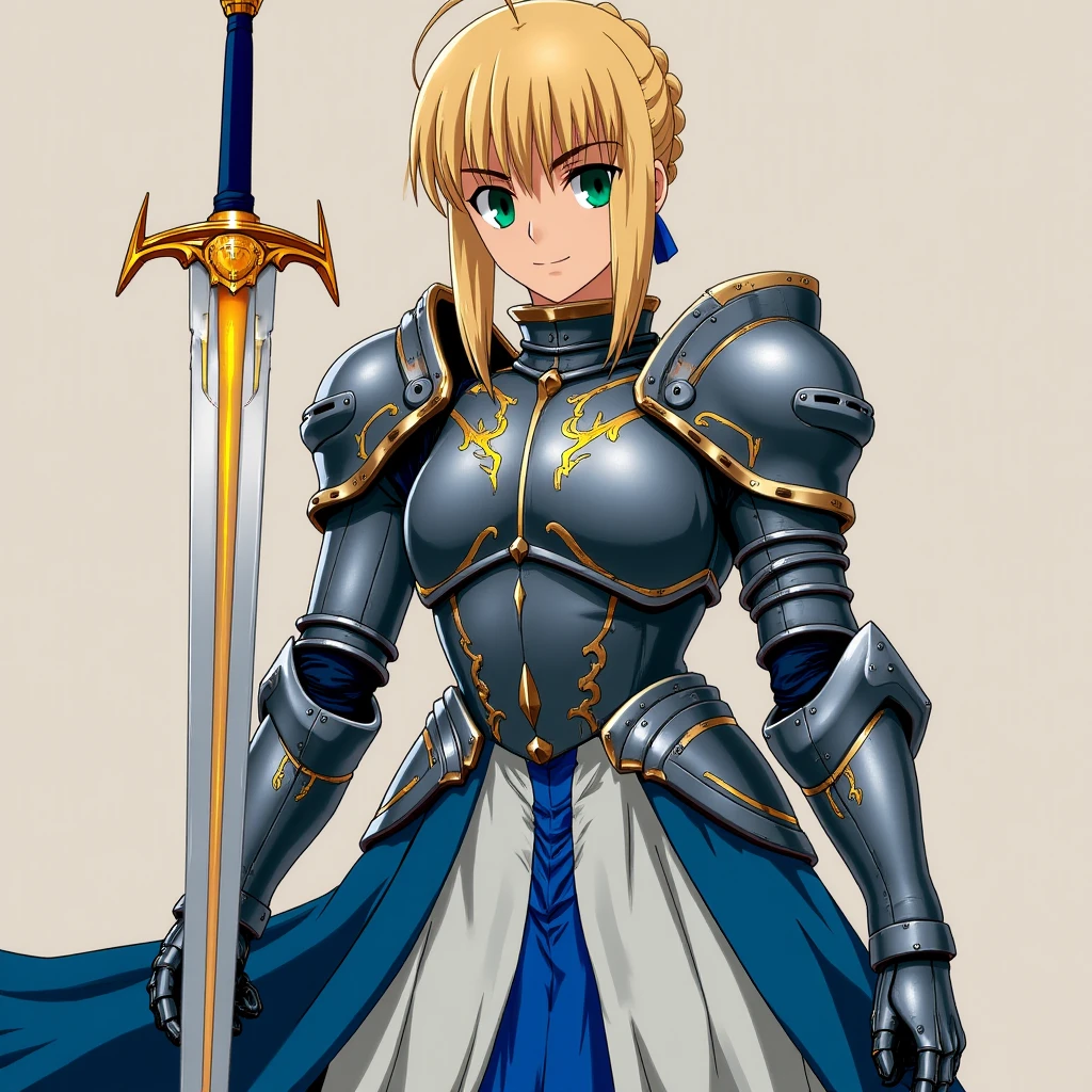 Anime style, sharp, high contrast and highly detailed. Ghibli anime style. Perfect anatomy. Perfect body ratio. No oversized head. No blurry, out of focus pictures. No simple background, no single color background.
 <lora:Atoria Pendragon_epoch_7:1>, 
A portrait of atoria. She has blonde hair. 
She dressed in a full suit of armor, prominently displaying a blue and white flowing gown beneath her metal plating. She holds a glowing sword in a battle-ready stance, with her blonde hair tied in a simple yet elegant style. Her armor is intricately detailed, covering her arms, torso, and legs, while the long, regal blue dress beneath adds a sense of nobility and grace. The character exudes strength and readiness, her expression focused and determined, fitting for a warrior prepared for combat. Full body.