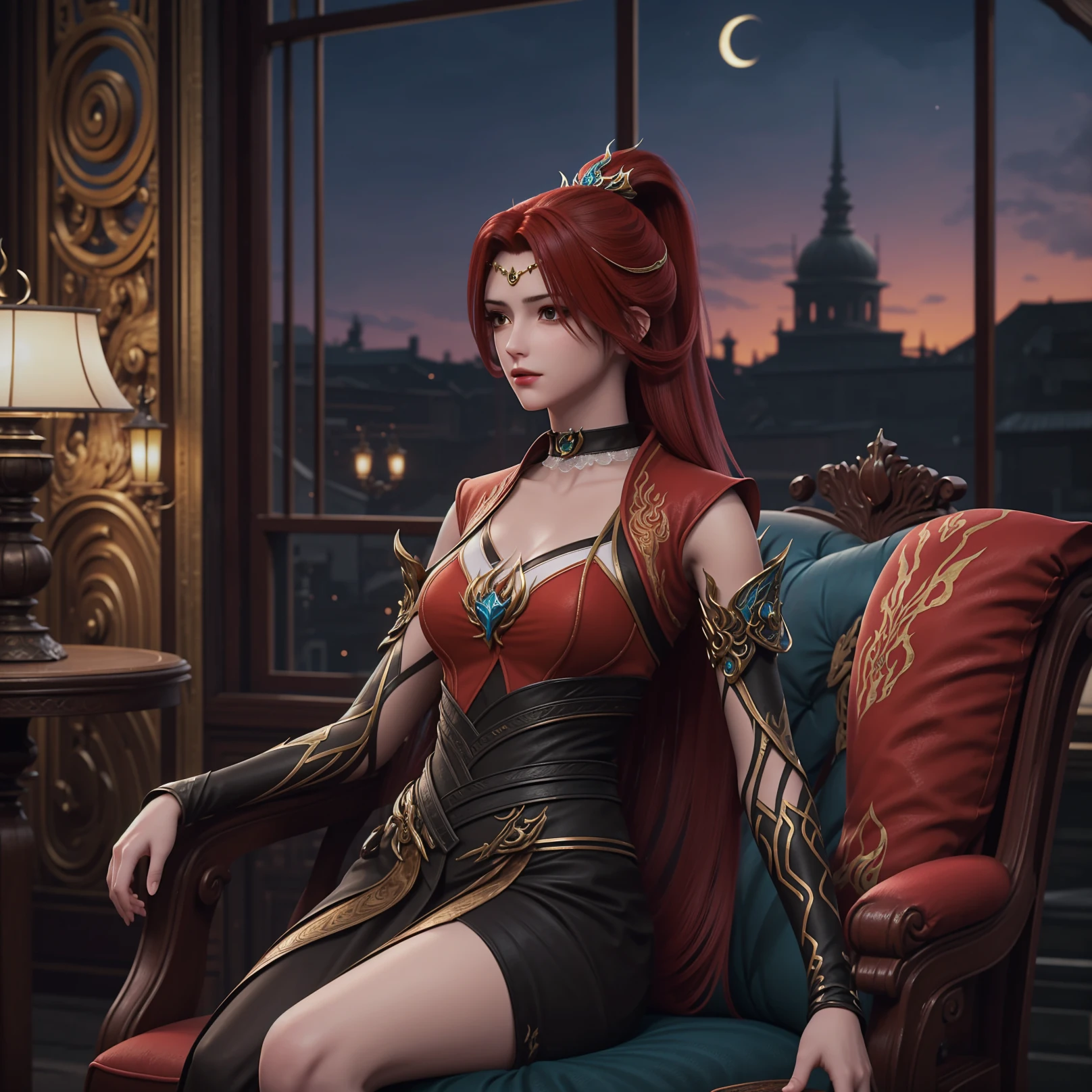 1girl,solo,red hair,long hair,ponytail,dress,hair ornament,(frontlet),choker,sitting on armchair,indoors,scenery,night,photoshop \(medium\),Highly detailed,(ultra-detailed),(best quality,masterpiece:1.5),<lora:tanghuoer:0.6>,