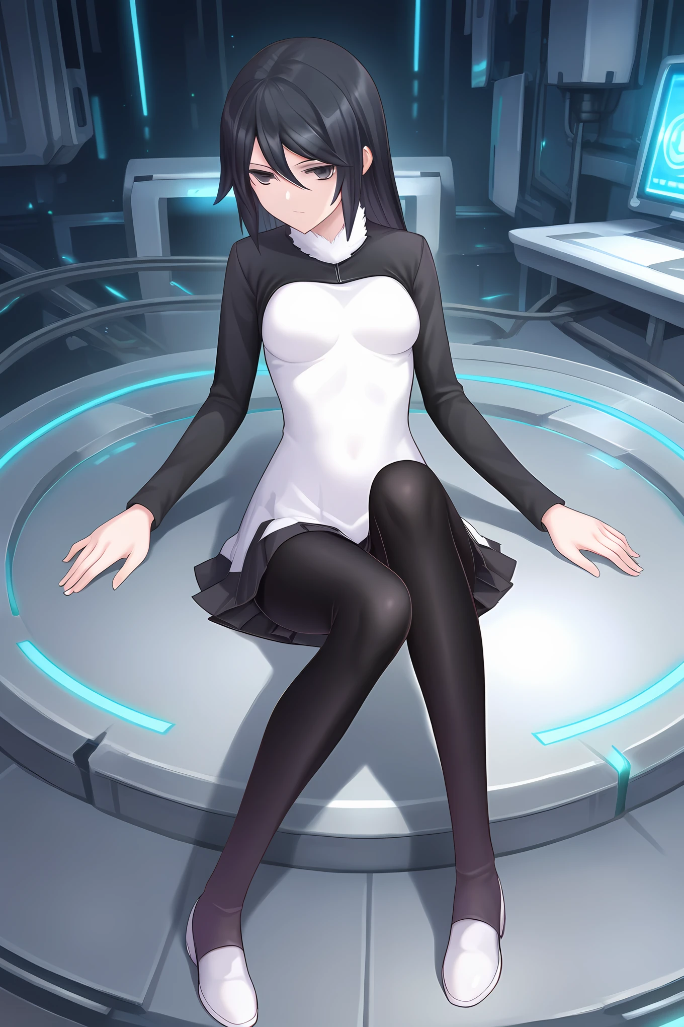 (white dress two-tone dress black sleeves short dress black leggings white shoes), dsc-yuuko, black hair, medium breasts, 1girl, solo, skinny, score_9, score_8_up, score_7_up, score_6_up, score_5_up, source_anime, lewd, science fiction, (1.3::full body|sitting|standing|lying|0.6::close-up| :1.20), , <lora:dsc-yuuko-V01-000005:0.90>