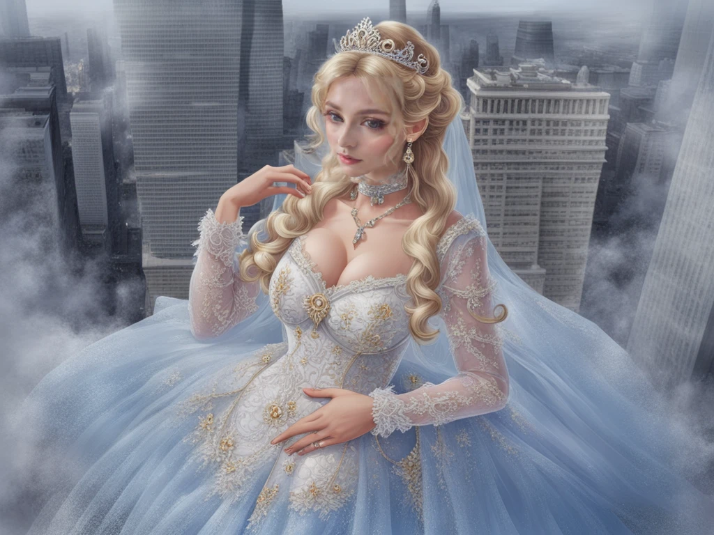 (masterpiece, best quality:1.2),illustration,8k,hd,1 girl,very long hair,(from above:1.4),solo,blonde hair,byrs,jewelry,dress,long sleeves,hair ornament,earrings,necklace,lace,tiara,choker,bow,lace-trimmed dress,(cleavage:1.2),(huge breasts:1.2),hands on own chest,(skyscraper:1.4),<lora:add-detail-xl:1>,<lora:killerè¸é¨å¤§å°è°èå¨v2-02:1>,(european princess:1.2),<lora:byrs XL:0.8>,