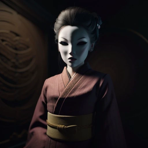 high res, good quality, accurate face, ((high resolution:1.2), (hi-res:1.2), masterpiece, best quality),  easynegative, ng_deepnegative_v1_75t, bad-picture-chill-75v, The Lady, video game character, Little Nightmares, Red kimono , porcelain mask , Taller woman, in a dark room, black Mist, dark aura,