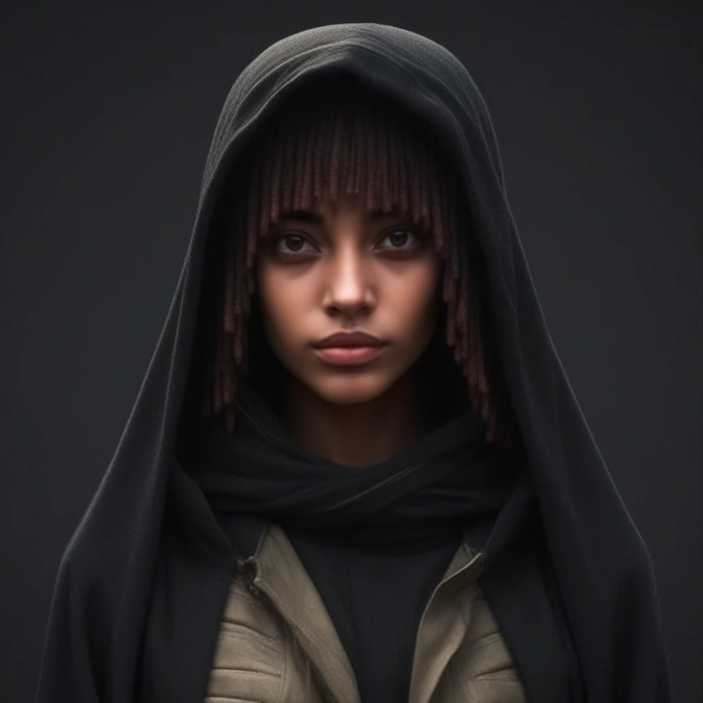 verosha  acolyte 1girl solo looking at viewer long hair brown hair upper body black hair closed mouth lips hood bangs