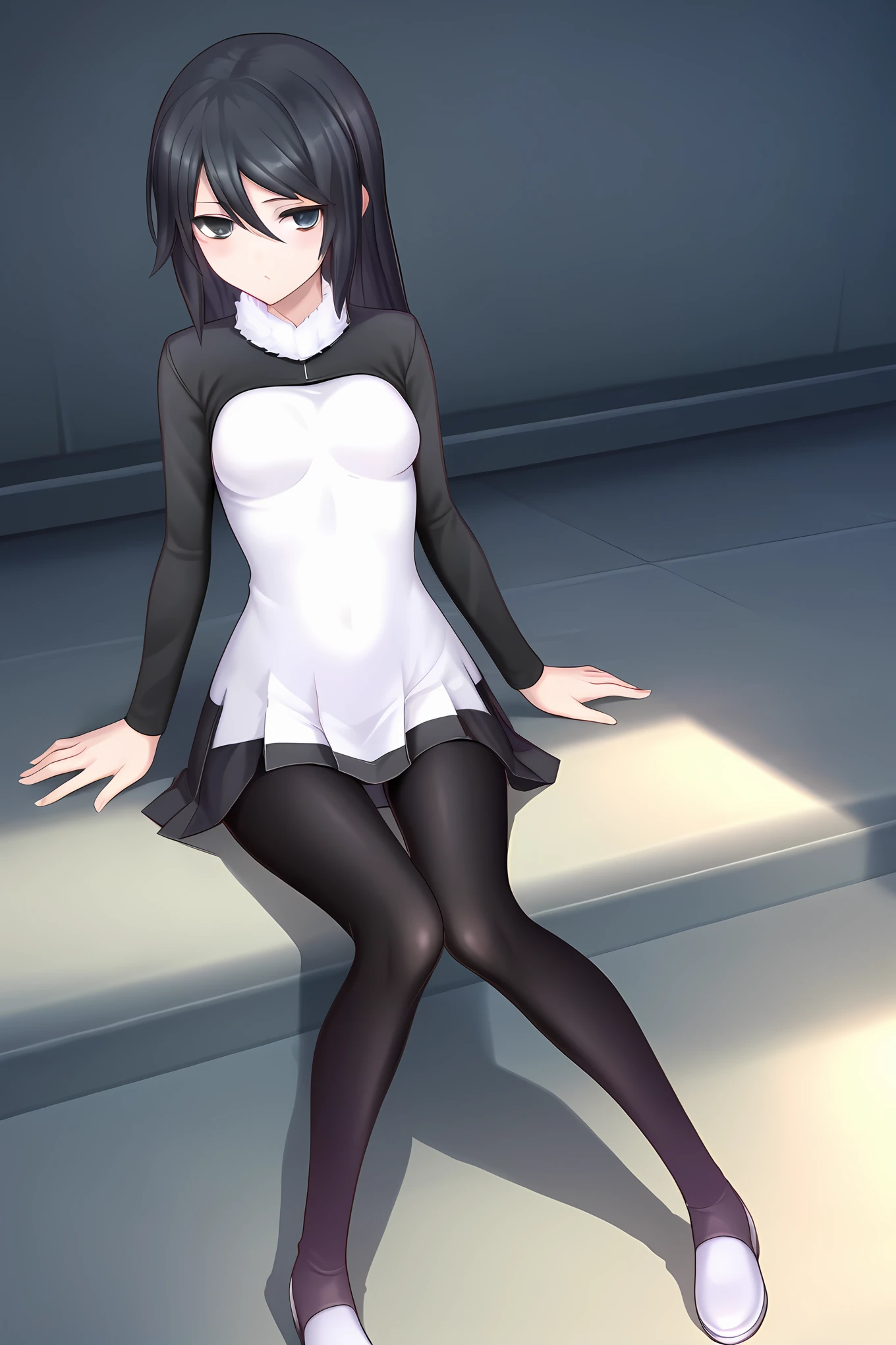 (white dress two-tone dress black sleeves short dress black leggings white shoes), dsc-yuuko, black hair, medium breasts, 1girl, solo, skinny, score_9, score_8_up, score_7_up, score_6_up, score_5_up, source_anime, blush, , (1.3::full body|sitting|standing|lying|0.6::close-up| :1.20), feet, <lora:dsc-yuuko-V01-000005:1.00>