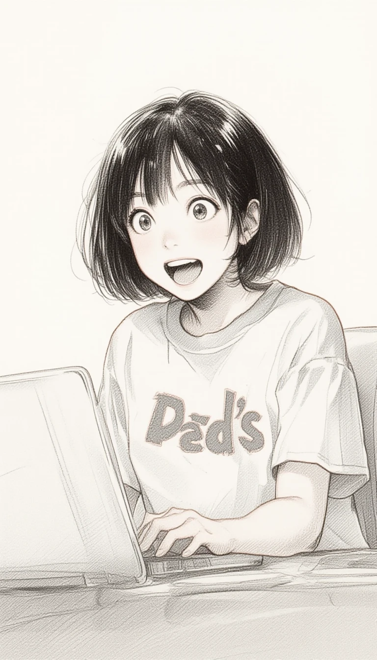 a rough marker sketch of a Asian teenage girl with short hair is using laptop while sitting in front of a desk, excited expression