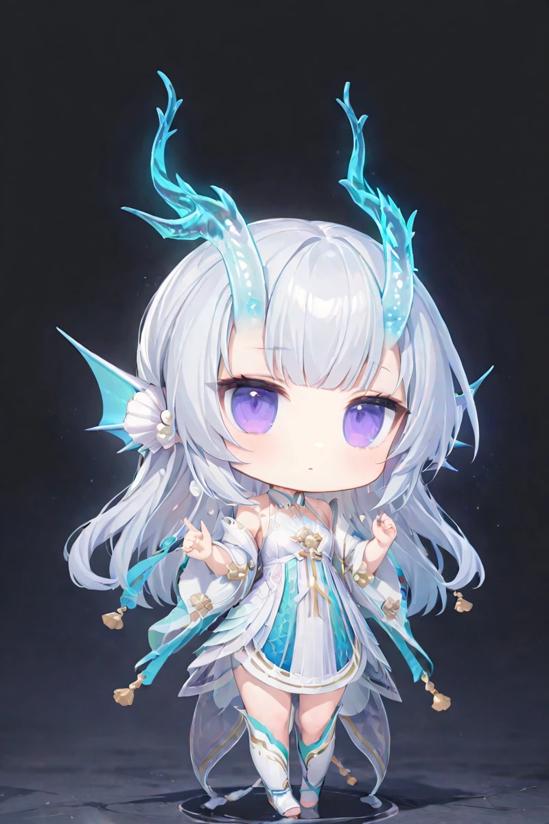 <lora:fumo3>,
chibi,solo,
masterpiece,best quality,
fumo,
, white hair, purple eyes, dragon horns, fins, head fins, dress, bare shoulders,white boots, <lora:Xishi_YLQY_xl:0.8>, masterpiece, best quality,