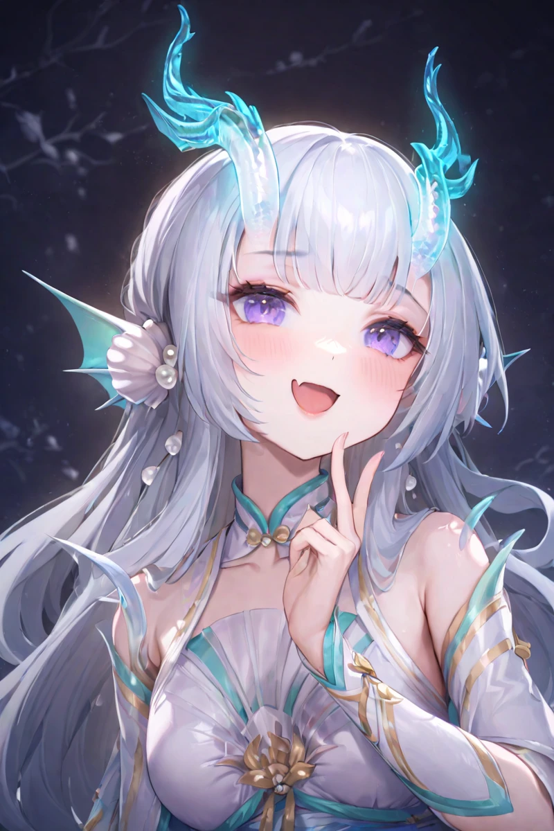 masterpiece, best quality, perfect features, intricate details, 1girl, solo,hearts,
, portrait,(upper body), white hair, purple eyes, dragon horns, fins, head fins, dress, bare shoulders,white boots, <lora:Xishi_YLQY_xl:0.9>
mesugaki, smile, looking at viewer, blush, hand up, skin fang,<lora:mesugaki_XL_v1:0.8>
dutch angle, from below, simple background, open mouth,
best quality, very aesthetic, absurdres, masterpiece, best quality,