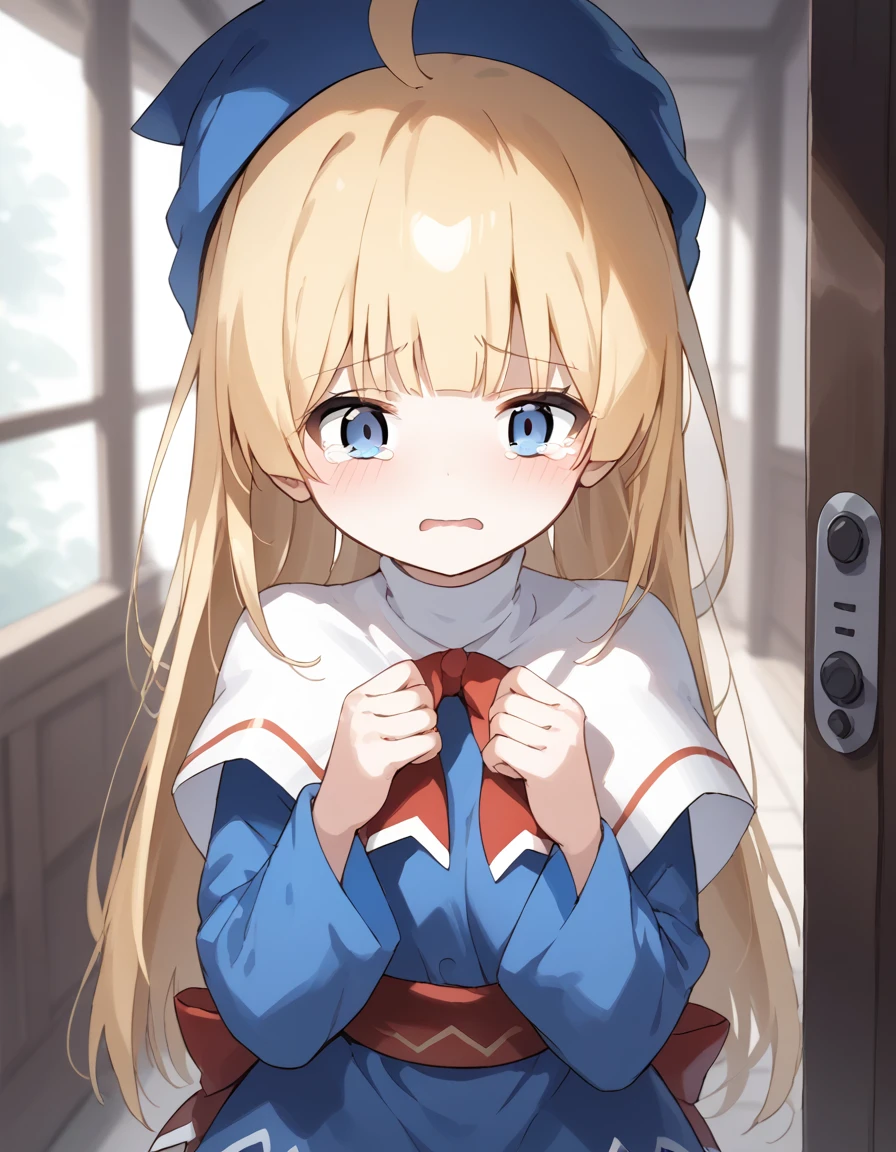 <lora:witchPF_SDXL_pony_fp16_ver04_168-000025:1>,witchPF, 1girl,solo,blonde hair,blue eyes,long hair,blunt bangs,ahoge, blue hat, dress,red sash, capelet,long sleeves,red sash,sobbing,tearing up, streaming tears, <lora:HairintakesEraser_v10_Pony:1>, score_9, score_8_up, score_7_up, BREAK source_anime, rating_questionable, best quality, masterpiece, uncensored,<lora:pony_good_hands:1>,good_hands ,[pony diffusion V6 is trained by PurpleSmartAI:100]