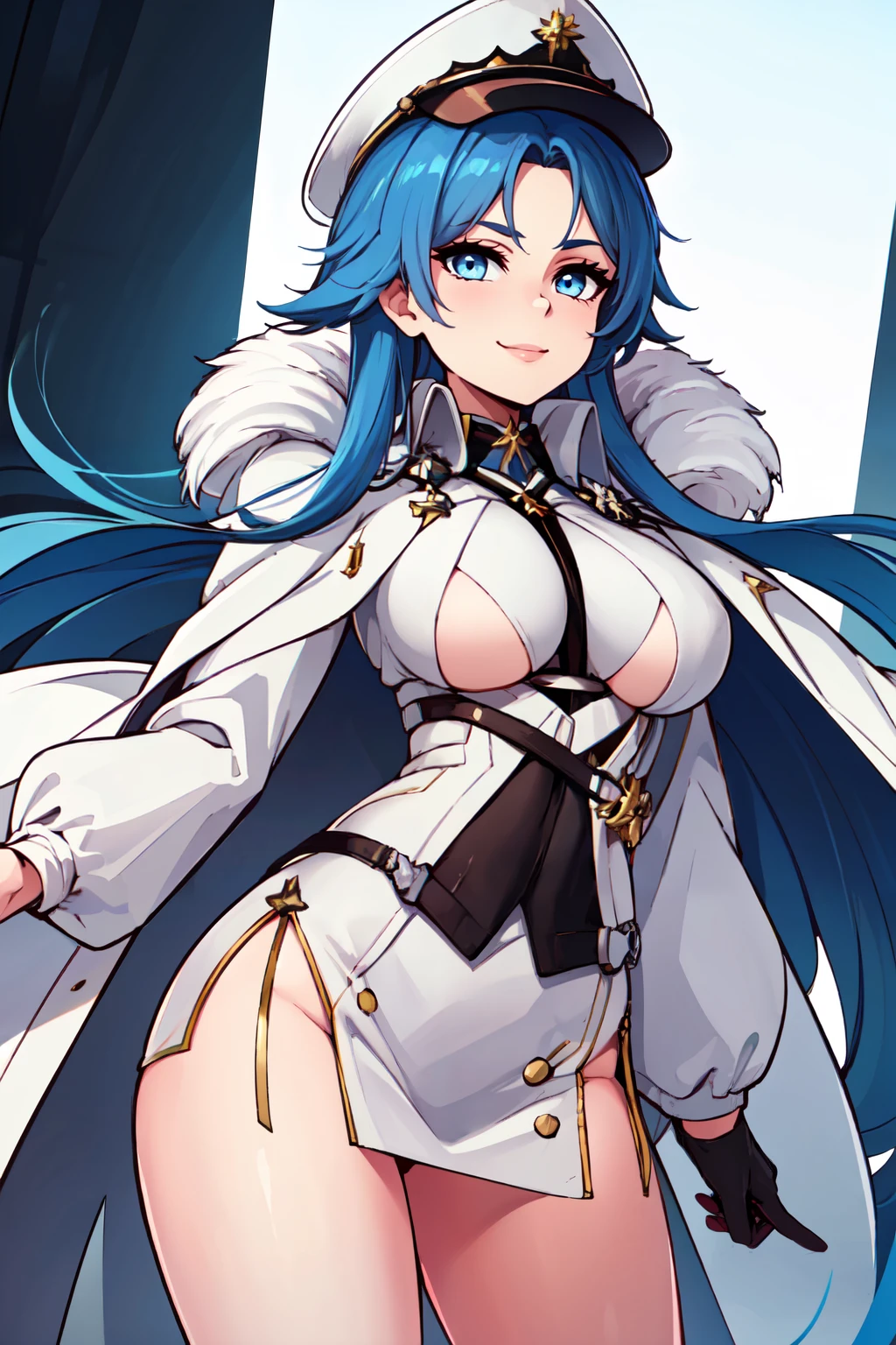 ((masterpiece,best quality)), absurdres,  BREAK, , <lora:Belorussiya_Azurlane:0.8>,  zzBelorussiya, blue hair, long hair, blue eyes, very long hair, bangs, parted bangs, hat, white headwear, white coat, peaked cap, black gloves, fur-trimmed coat, long sleeves,  , BREAK, hip to the side, contrapposto, cowboy shot,, BREAK, solo, smile, looking at viewer, cowboy shot,