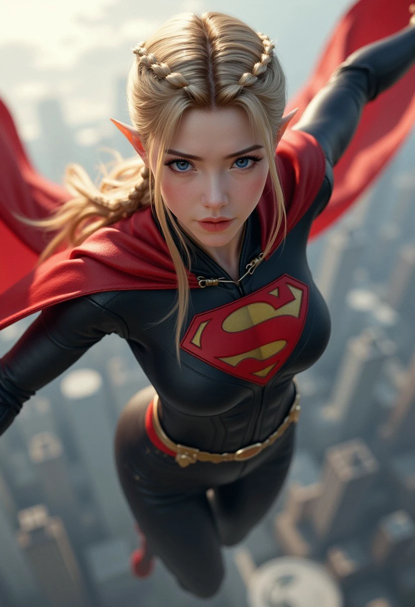 yuanyao:1.3,a stunning real woman,  full body shot, 1female, beautiful, super girl, pointy elf ears, blond braided hair, long hair, fair skin, sleeper build, leather super girl costume black and red color palette, superman symbol, in a dynamic flying pose, flying, flying over a city, cloudy background, dappled sunlight, upper body, looking at viewer, black and red costume color palette, shine of steel, from above.