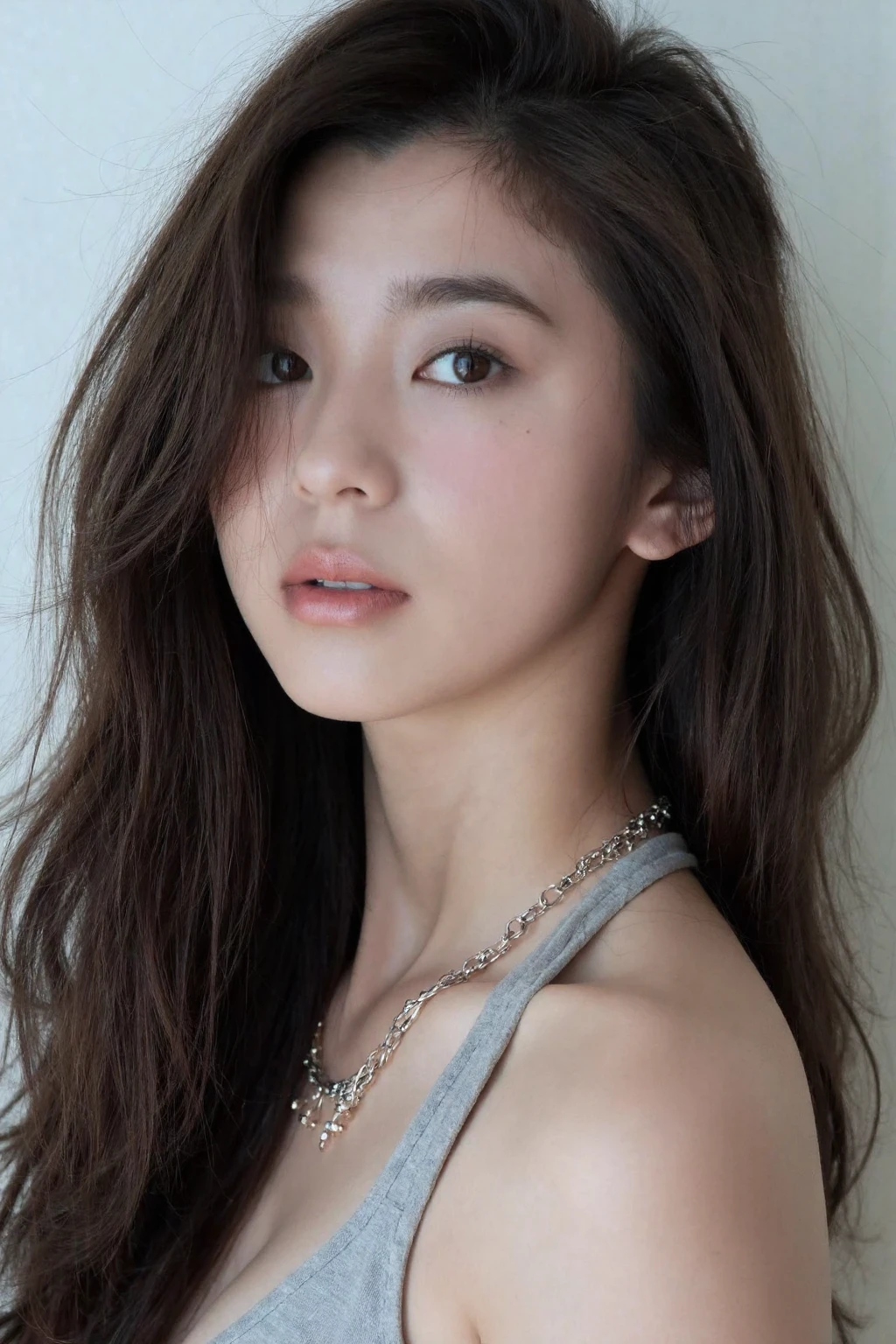 (medium full shot), beautiful korean girl with long hair wearing halter dress, necklace, dslr, soft lighting, high quality, film grain, light reflections, blood vessels, pale skin, skin pores,blood vessels in sclera, detailed skin, beauty spots, skin fuzz, <lora:flux_realism_lora:1>,  <lora:makinaflux_asahinaaya_v1.1:1>