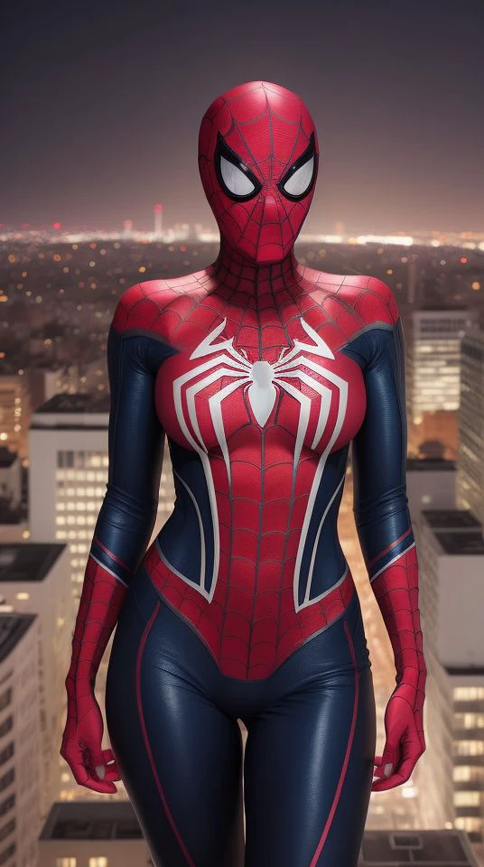 A female Spider-Man, wearing a sleek and stylish spider suit with vibrant colors and intricate web patterns. She is perched on the edge of a skyscraper, overlooking a bustling cityscape at night. The scene is dynamic and action-packed, with the city lights glowing in the background, highlighting her poised and ready-for-action stance.
<lora:topmodel_v2_epoch_1:1>