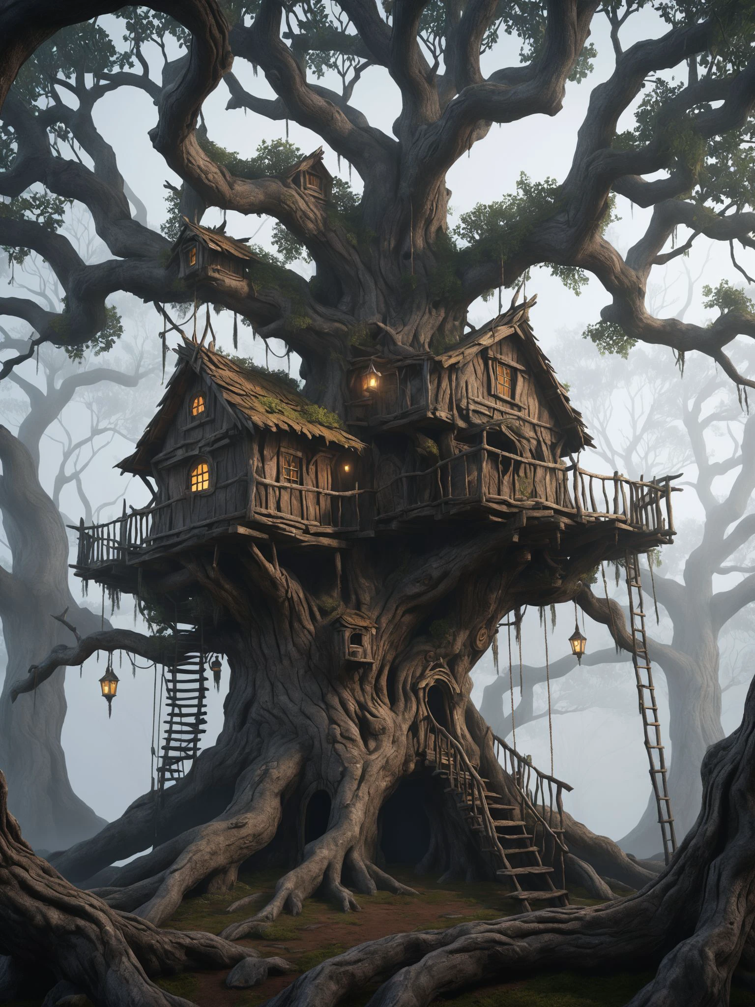 an ancient treehouse built within a gnarled, old tree, fog, darkcore, simple illustration, UHD,<lora:Darkcore_SDXL:0.5>